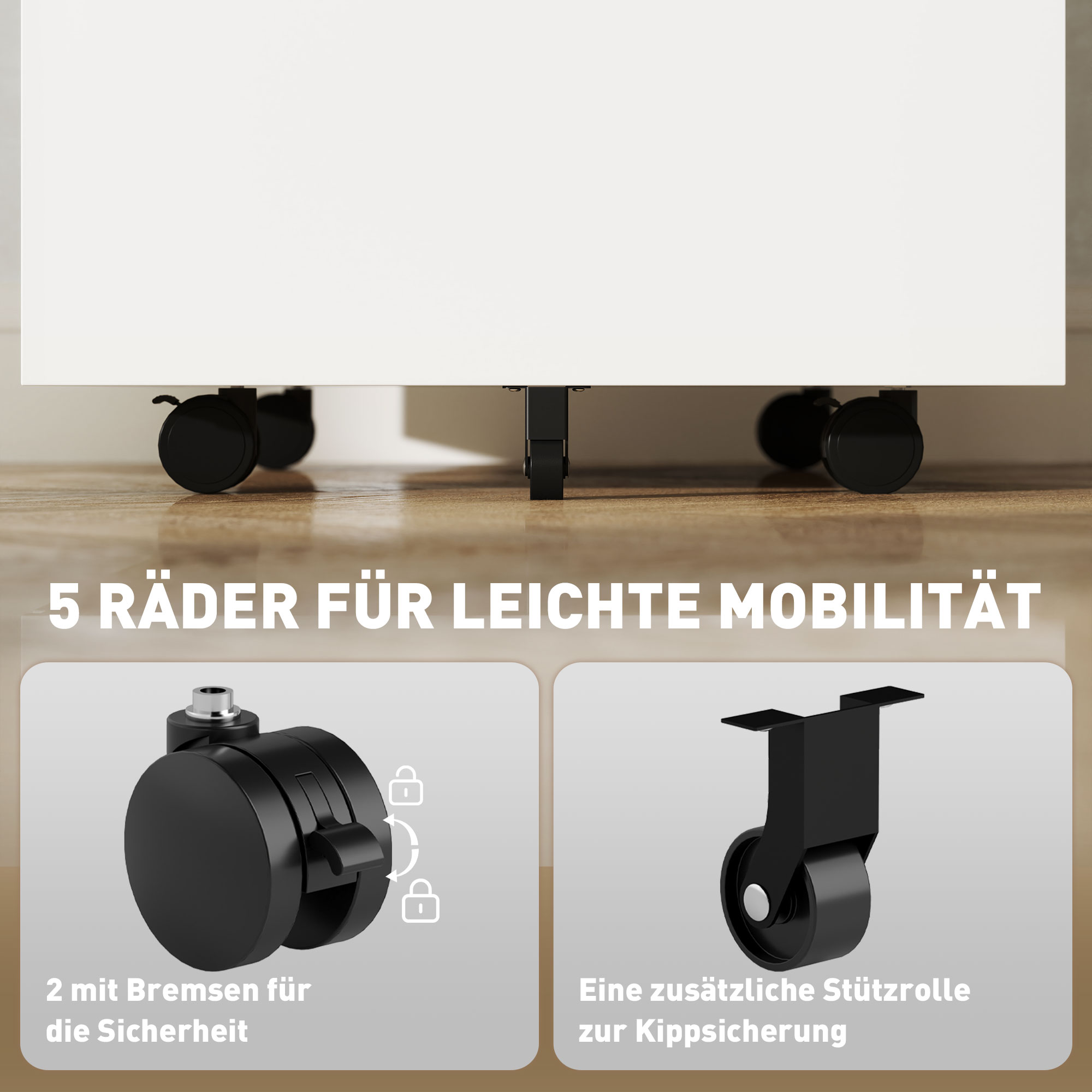 Rollcontainer, Aktenschrank, Trennwand, zentral abschließbar, Stahlgehäuse, 5 Räder, weiß, 39 x 48 x 67 cm