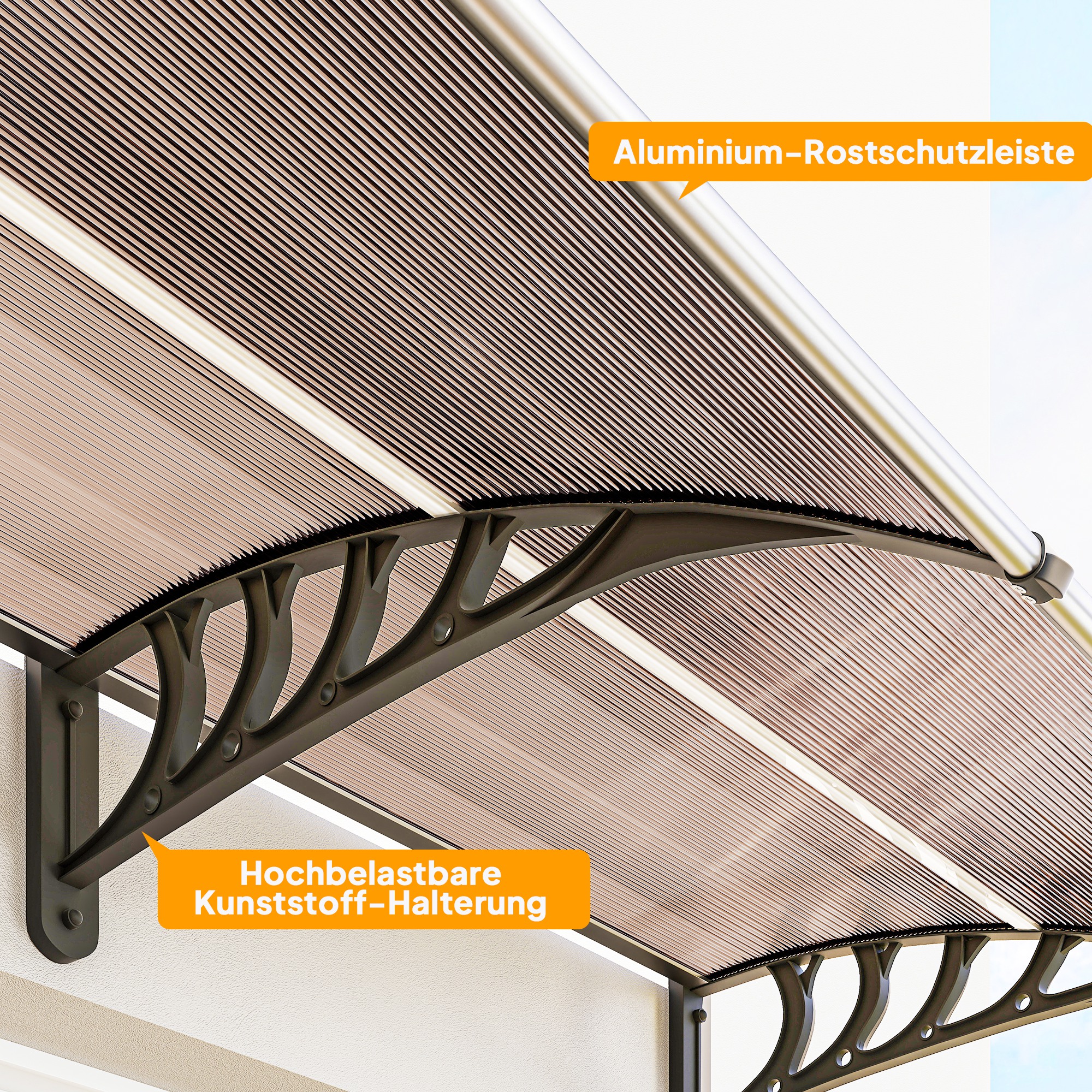 Vordach für Haustür/Fenster, wetterfest, Braun, Aluminium-Verbindungstangen/Polycarbonat, 303x96x27cm, Schwarz