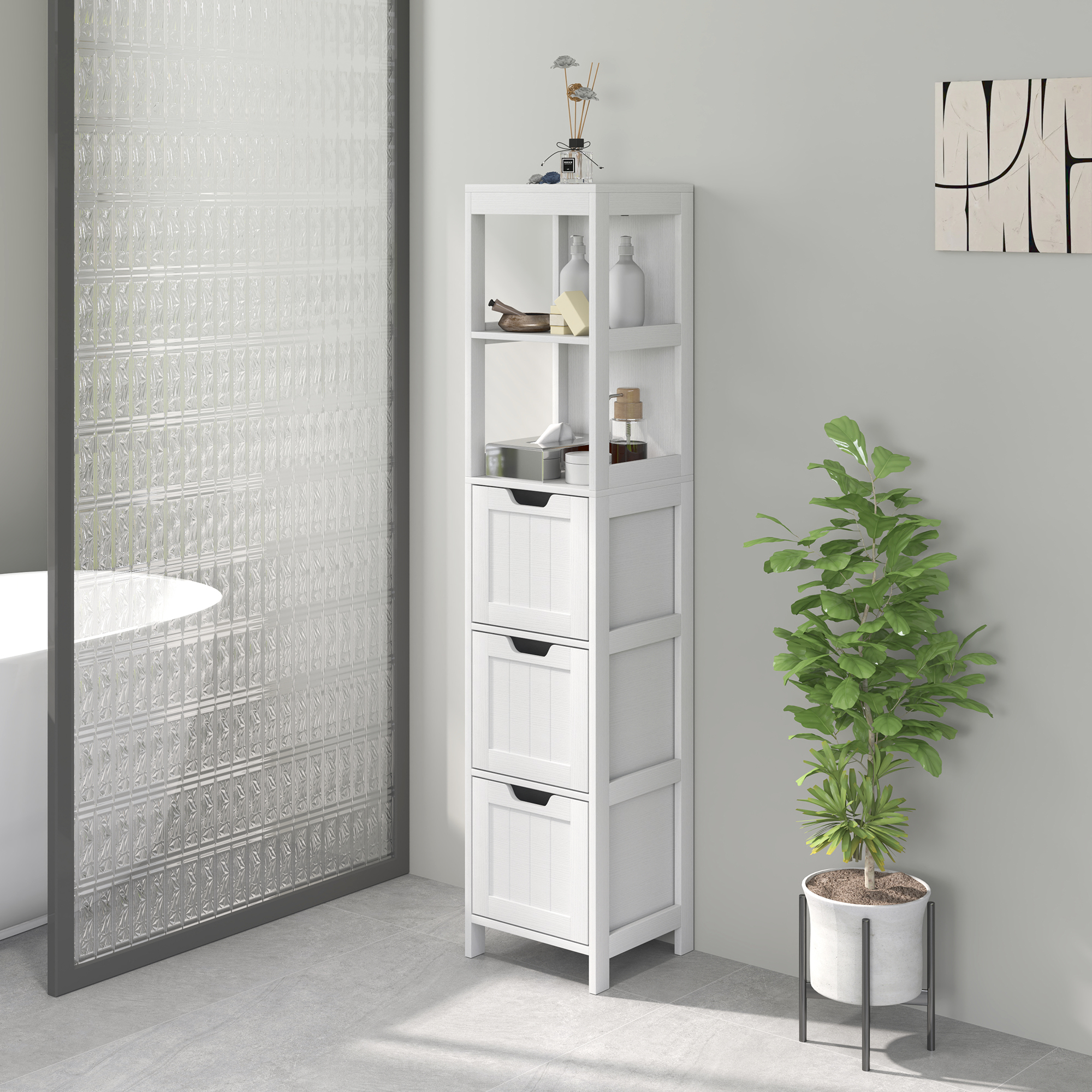 Badezimmerschrank, 2 Regale, 3 Schubladen, wasserabweisendes Material, Weiß