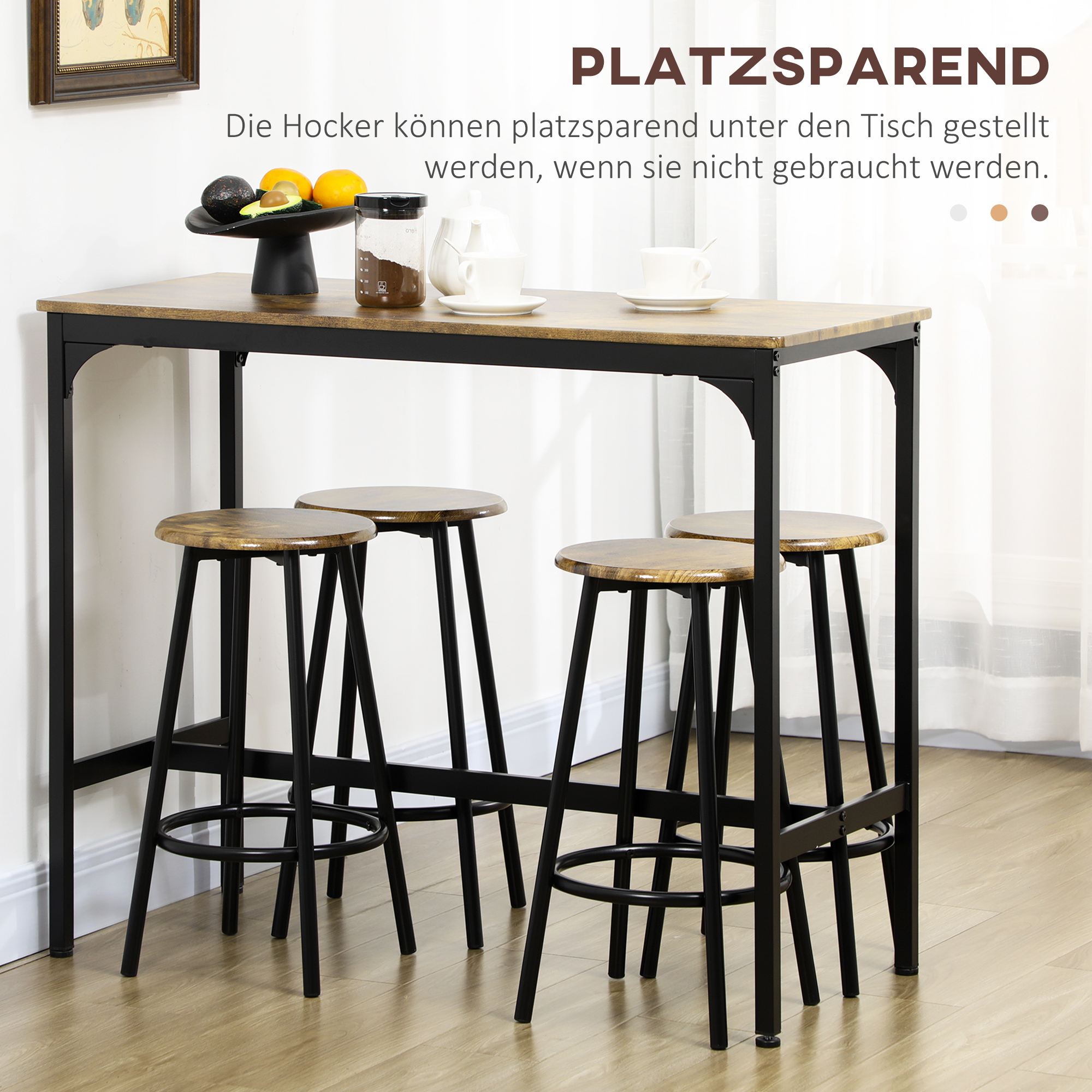 5-tlg. Bartisch-Set im Industriedesign, 1 Bartisch, 4 Barhocker, Sitzgruppe, Küchentresen, Schwarz + Braun