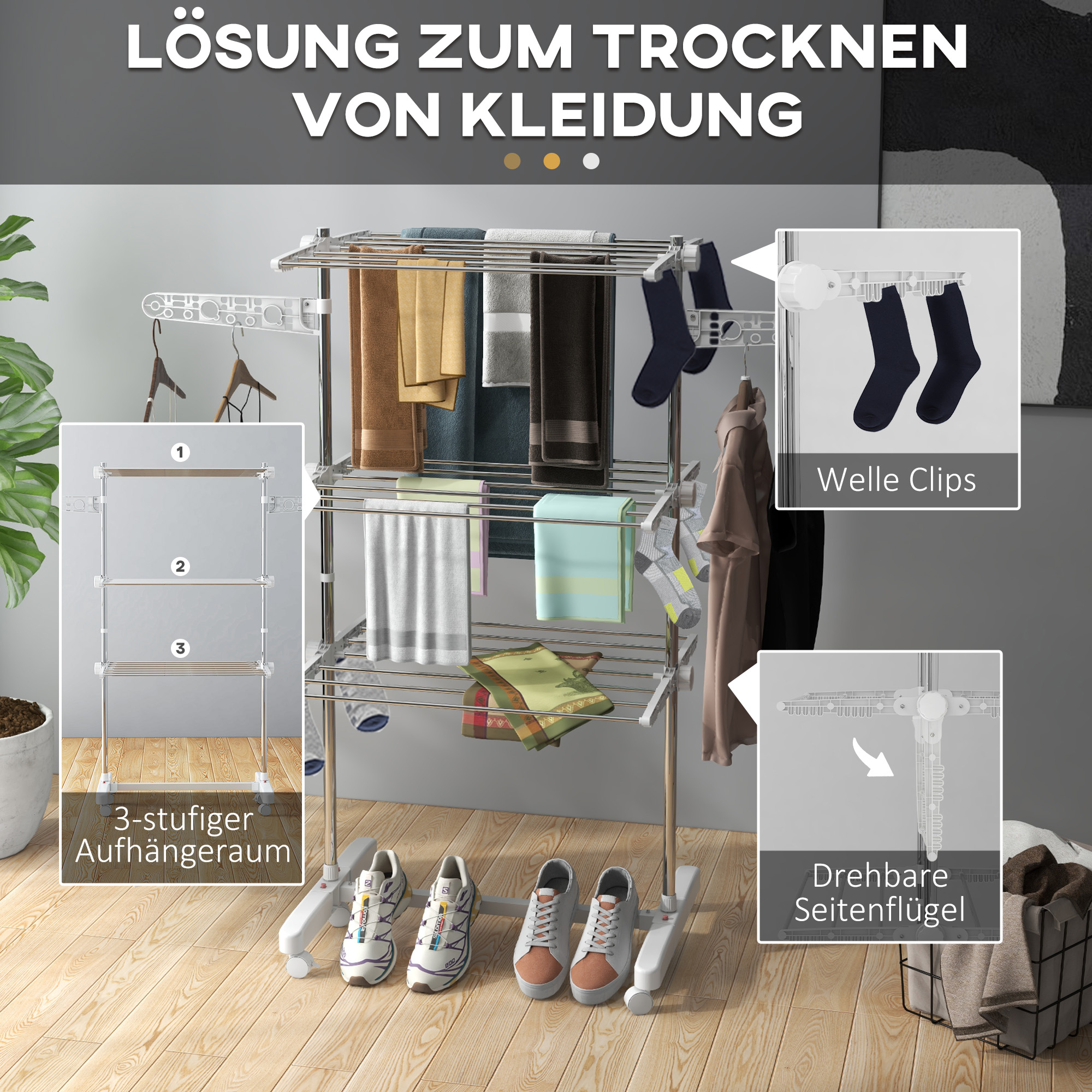 Mobiler Wäscheständer, Wäschetrockner, 3 Ebenen, klappbar, Silber + Weiß