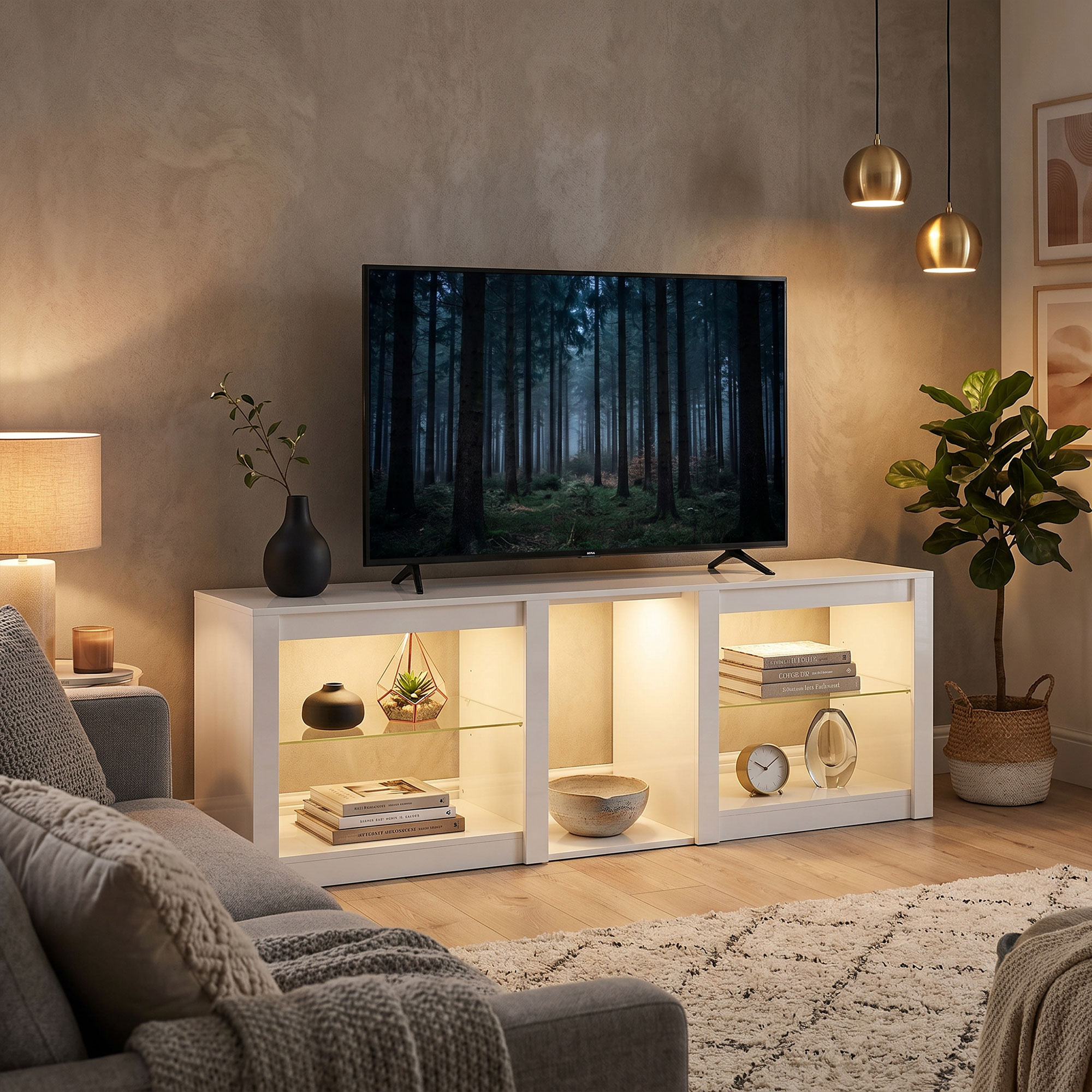 TV-Lowboard mit RGB-LED-Beleuchtung, Modernes TV-Möbel mit verstellbaren Glasböden, für Fernseher bis 75 Zoll, Weiß