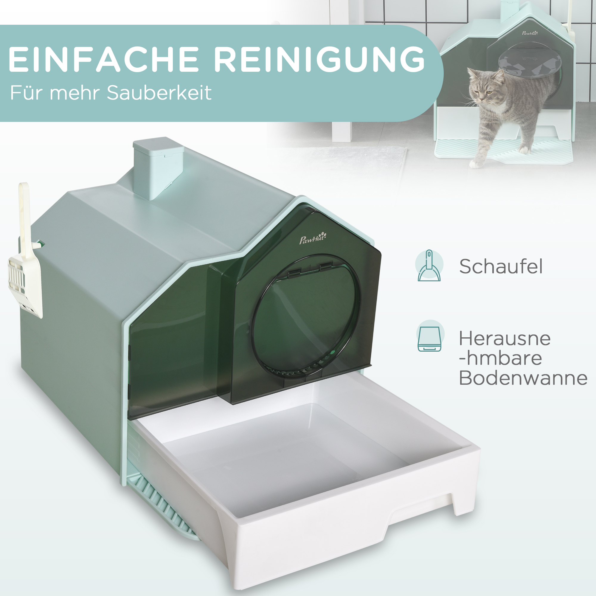 Katzentoilette Katzenklo, Hütten-Design, 1 Siebvorleger, 1 Streuschaufel, herausnehmbare Bodenwanne, Grün + Weiß