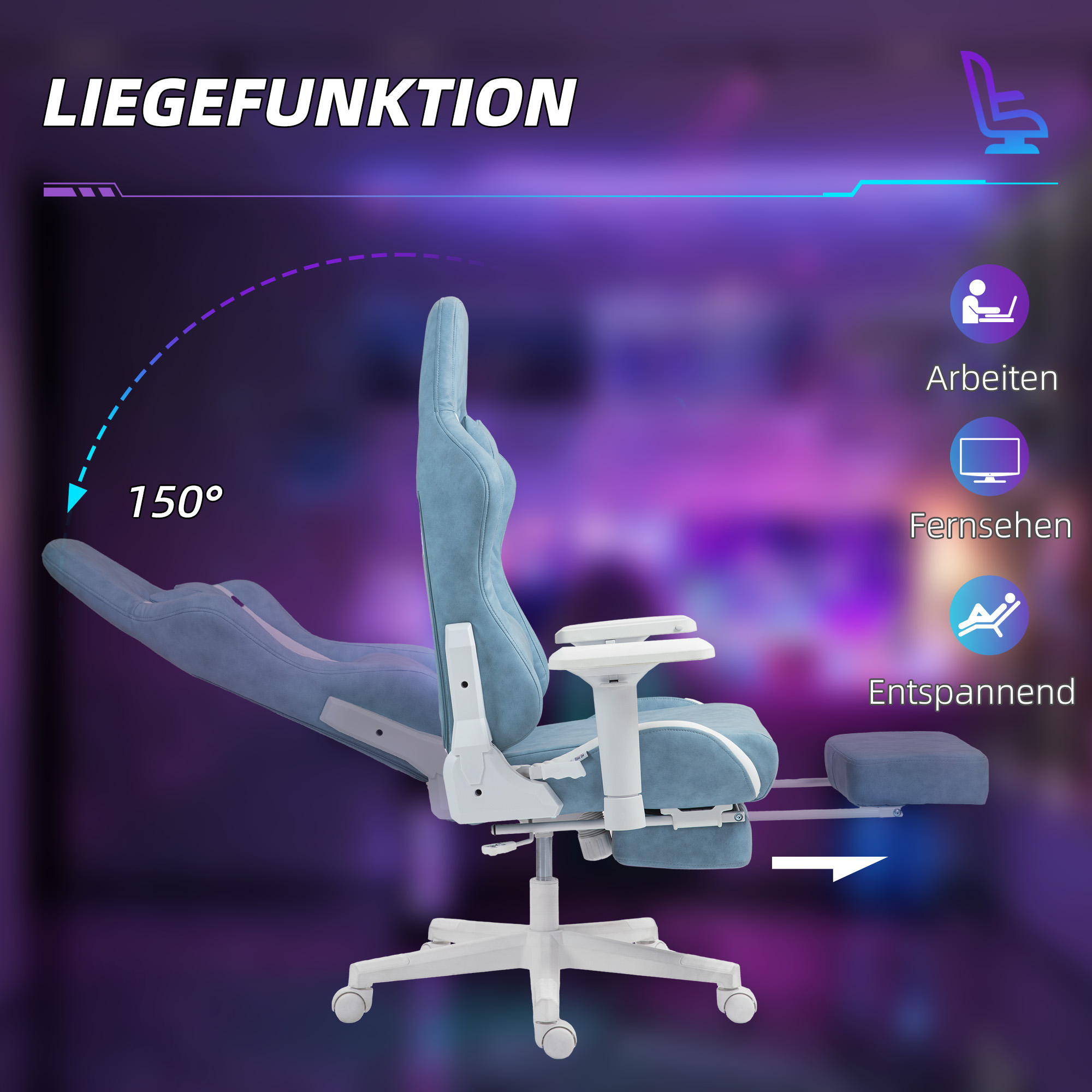 Gaming-Sessel, verstellbare Armlehnen & Rückenlehne, Kunstlederbezug, bis 120 kg, Blau