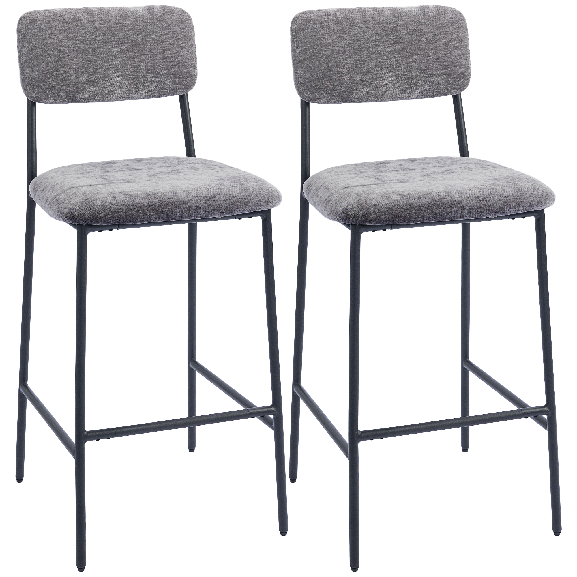 2er-Set Barstühle, gepolsterte Hochstühle für Küchentheke, Hausbar, Rückenlehne, Fußstütze, Stoffbezug, Stahl, Grau