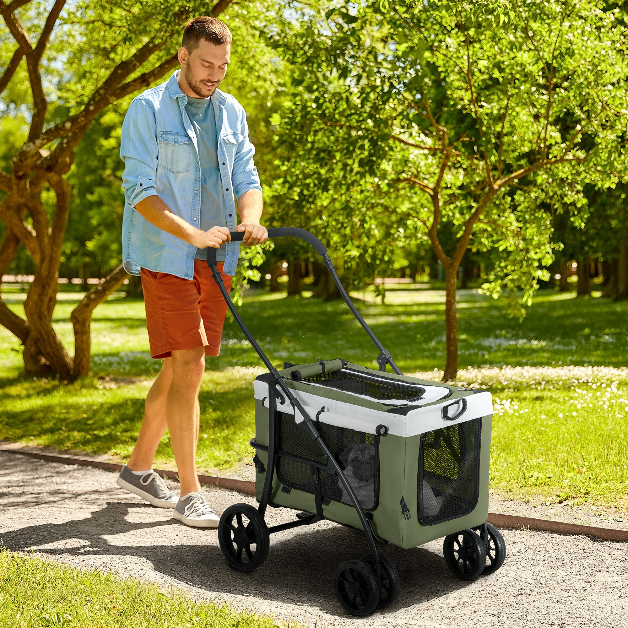 Hundbuggy Haustierbuggy Hundewagen, klappbar, abnehmbarer Korb, 81 x 58 x 97,5 cm, Schwarz+Dunkelgrün+Weiß