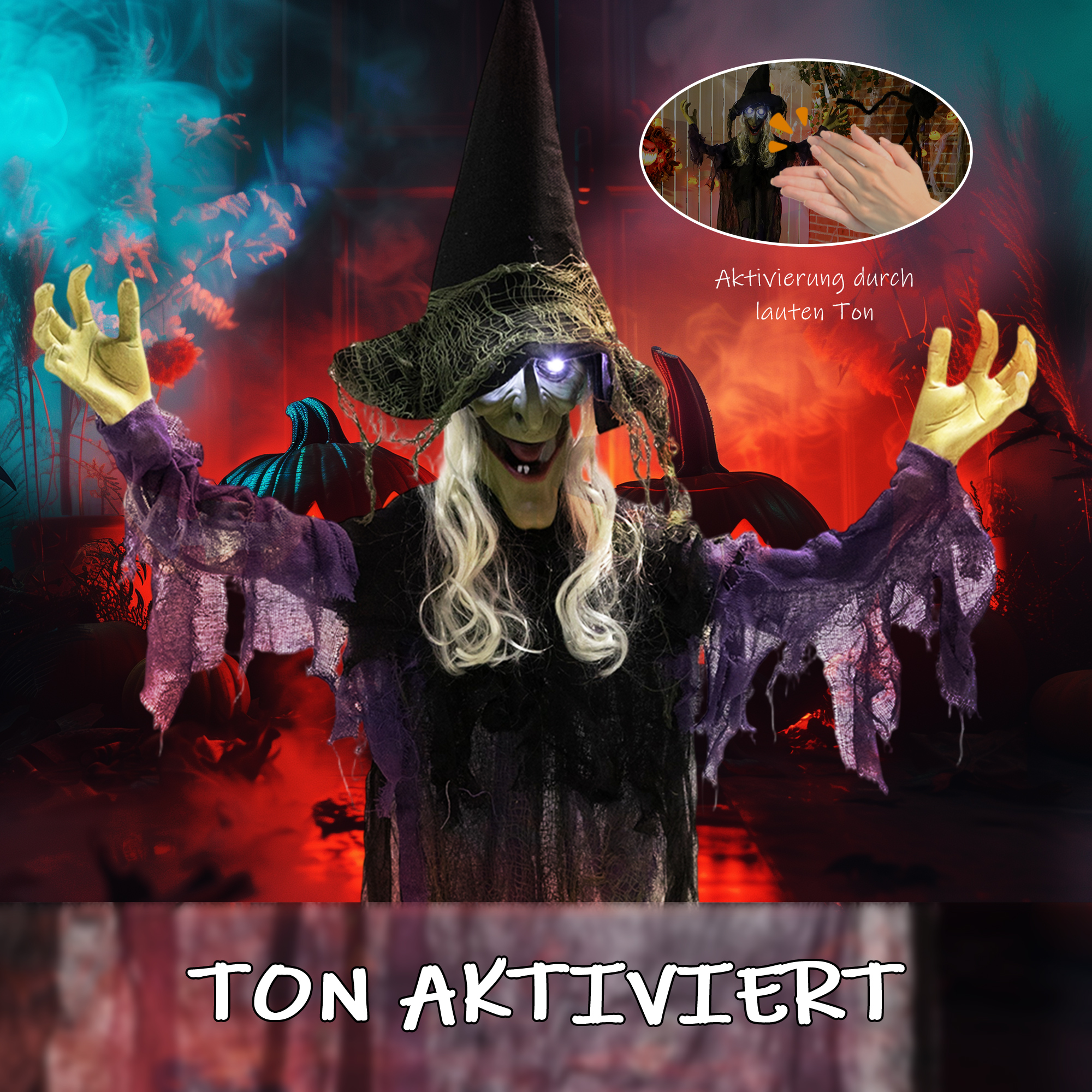 183cm Halloween Dekoration Hängende Halloween Hexe mit LED-Lichter, Soundfunktion verstellbare Arme, Mund