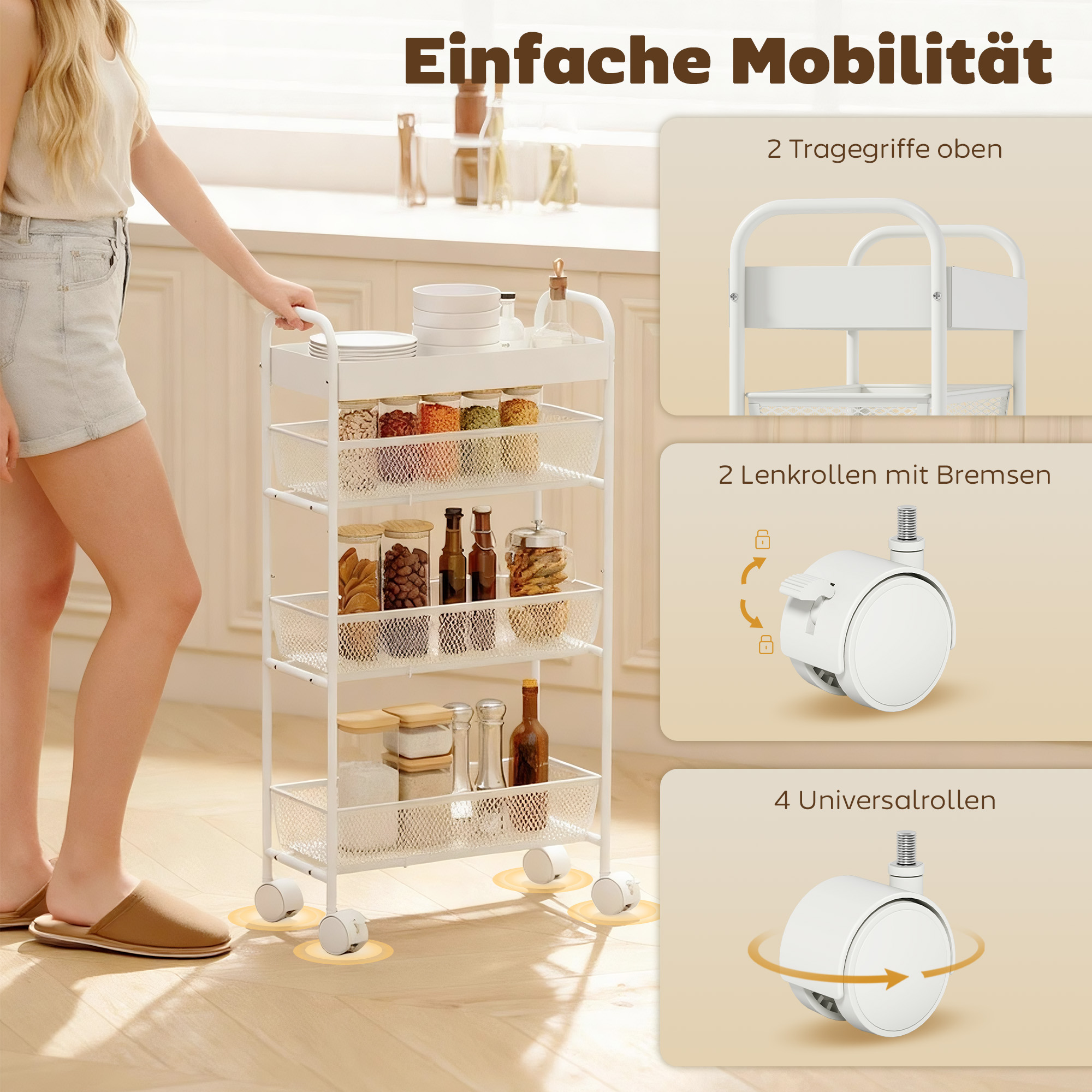 Küchenwagen aus Metall, 3 Körbe, schmales Design, 4 Räder, für Küche, Wohnzimmer, Badezimmer, Weiß