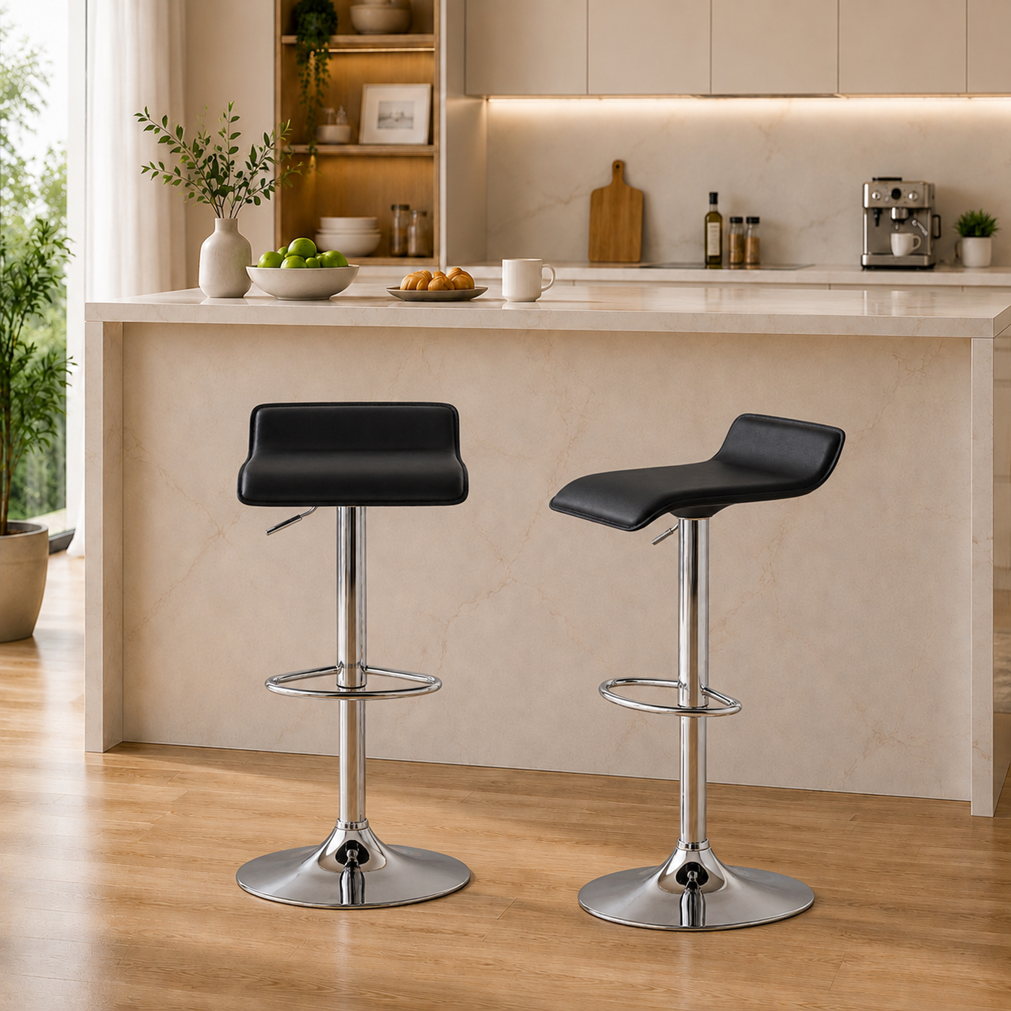 Barhocker 360° Drehbar Barstuhl mit Silber-Stahlgestell, Höhenverstellbar Küchenstuhl mit Fußstütze, Schwarz
