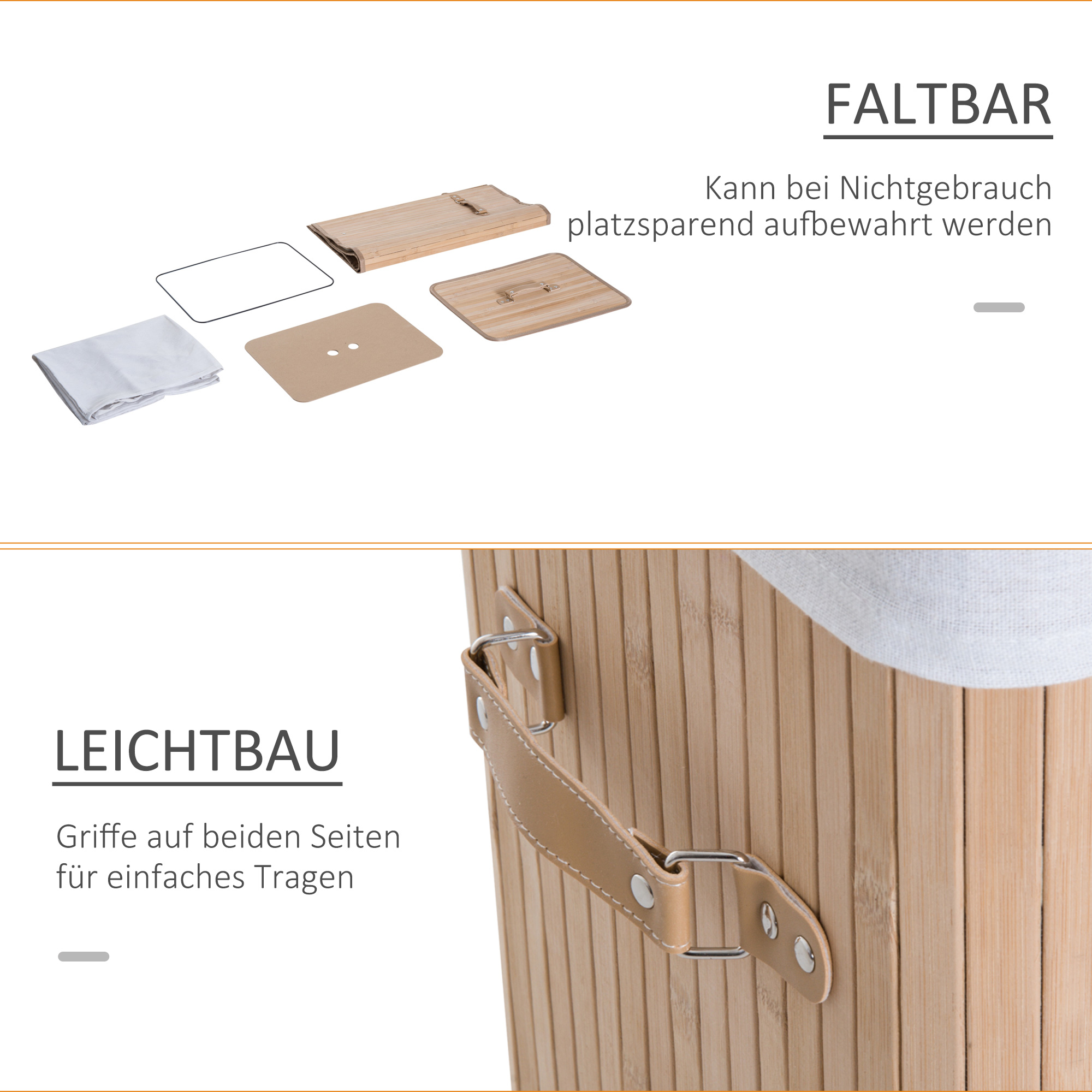 Wäschekorb schmal mit Deckel 72L Wäschesammler mit Griff, herausnehmbarer Wäschesack, Wäschebox für Waschküche Schlafzimmer Badezimmer, Natur