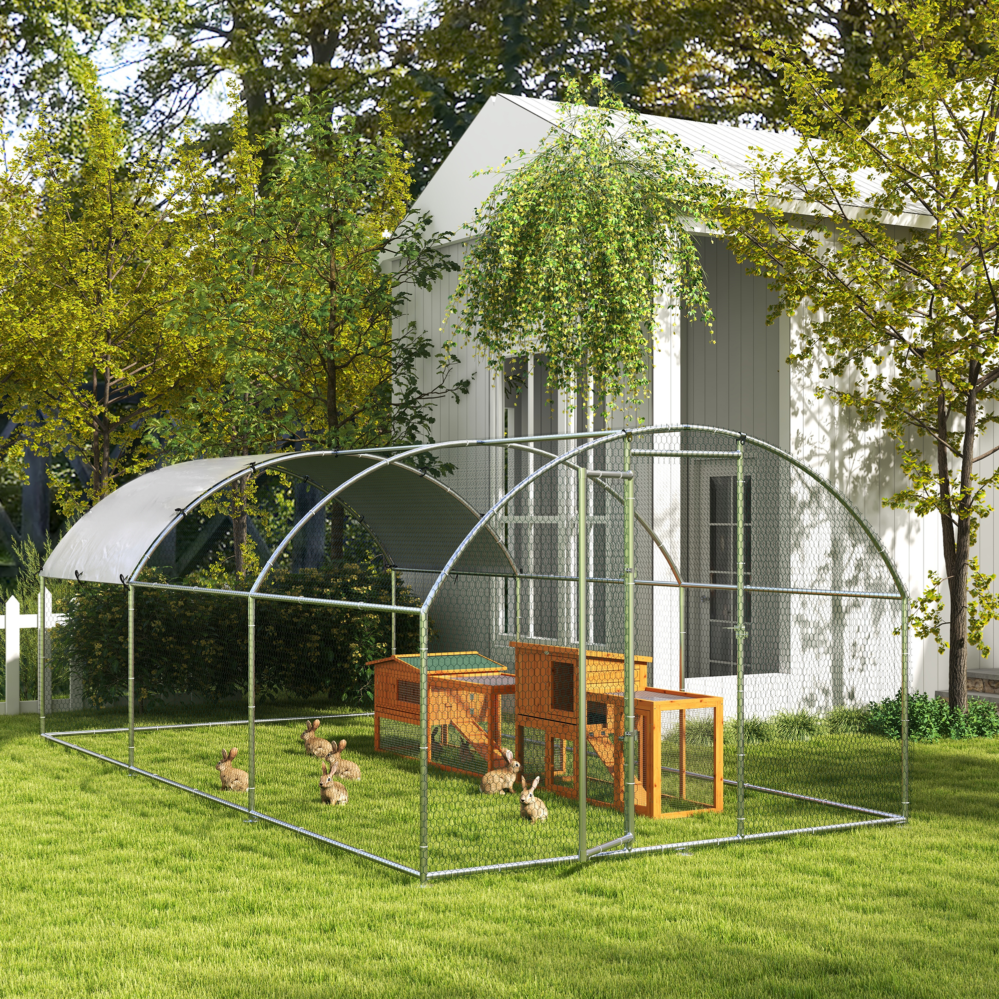 Kleintierstall mit Freigehege, herausnehmbare Bodenwanne, wetterbeständig, 141 cm x 60 cm x 86 cm, Braun