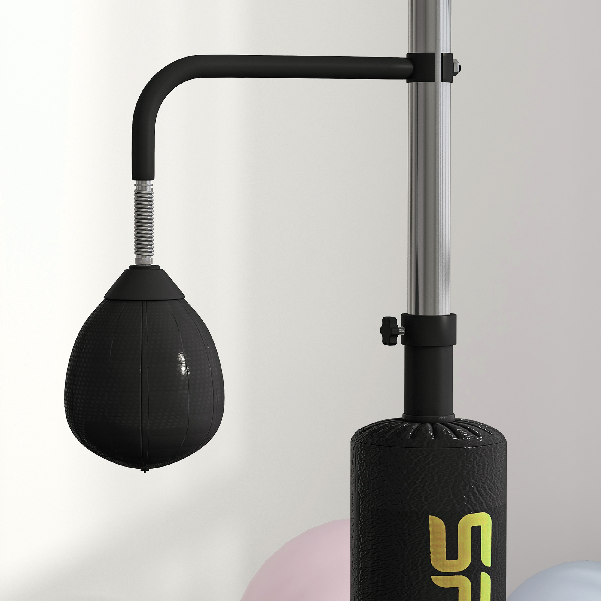 Boxstand, zwei Speedballs, drehbare Boxstange, Kickpolster, höhenverstellbar, Stahl, 107 x 36 x 140-205 cm, Schwarz