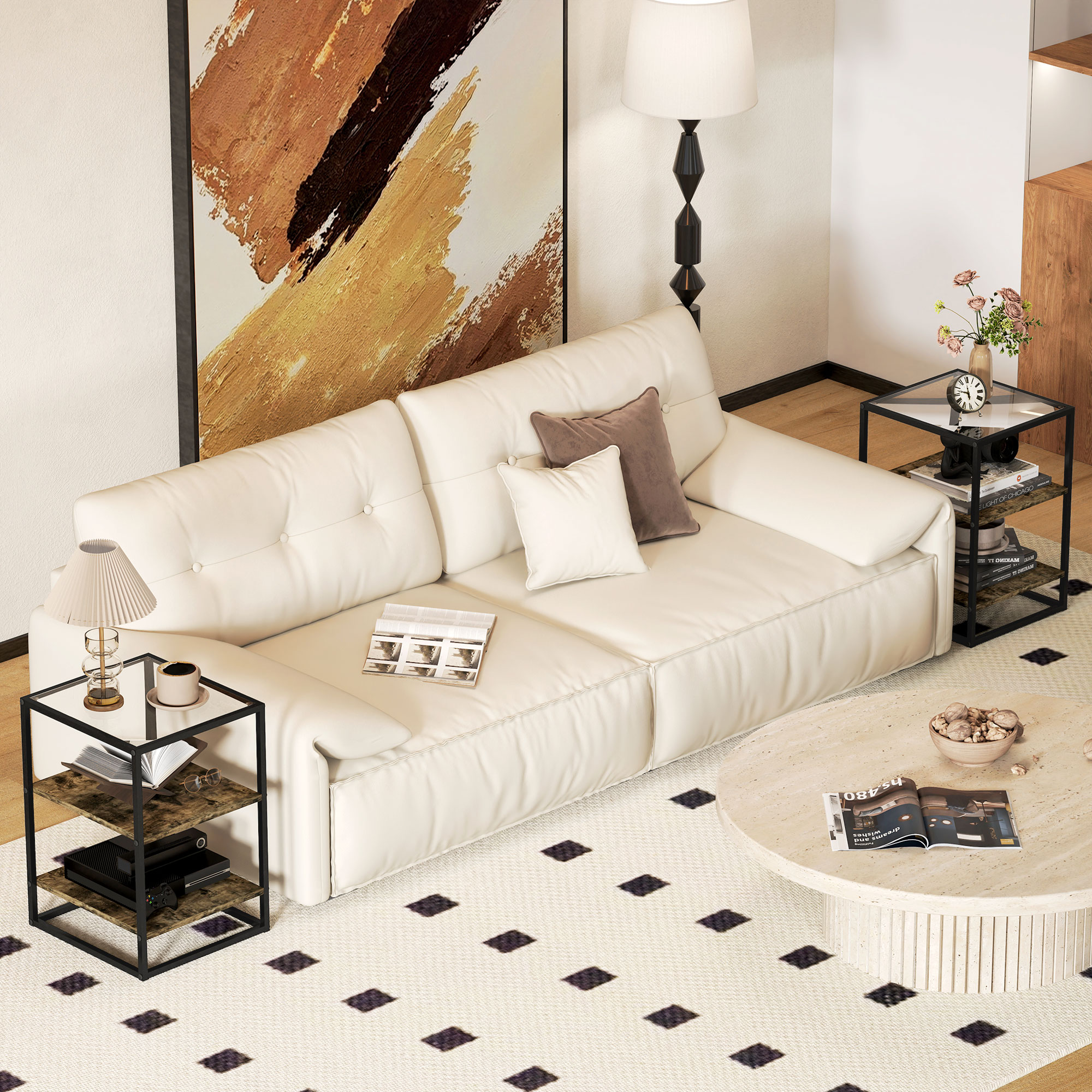 2er-Set Beistelltische mit Glasplatte, 3-stufiges Design, Metallrahmen, für Wohnzimmer, Schlafzimmer, Braun