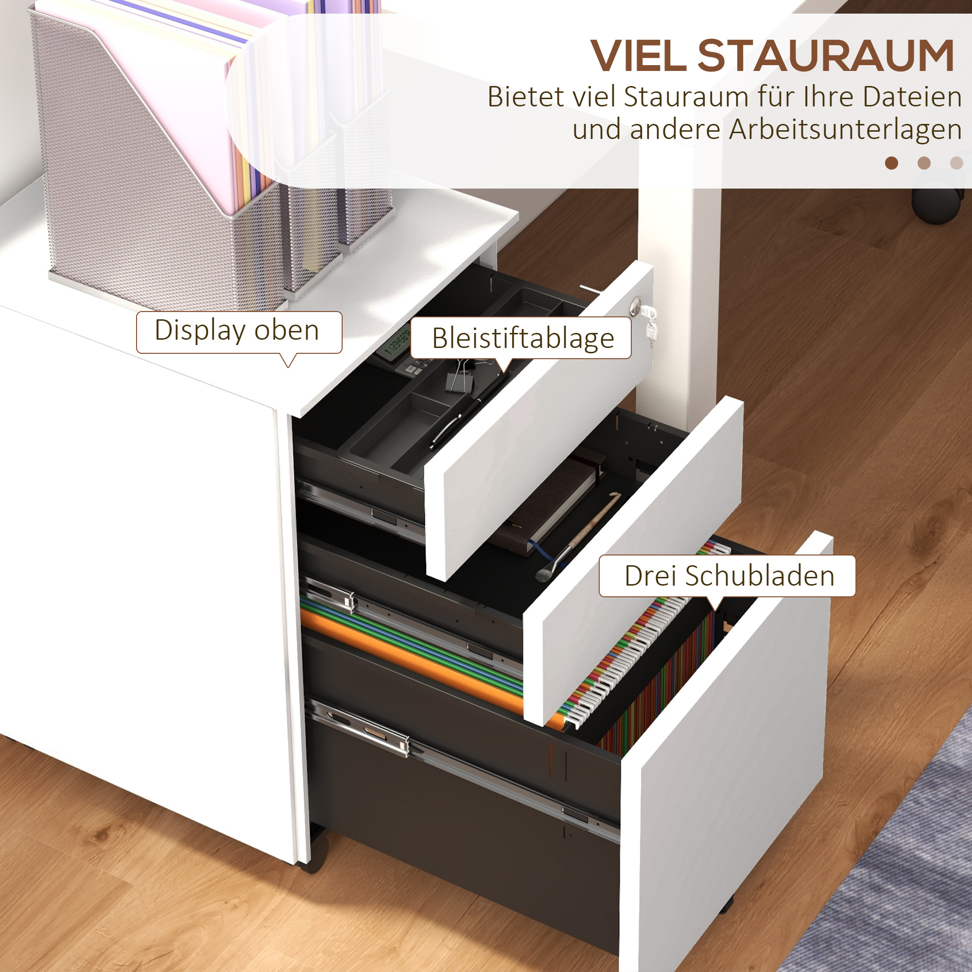 Rollcontainer Aktenschrank, 3 Schubladen, abschließbar, rollbar, 37 cm x 43,5 cm x 60 cm, Weiß
