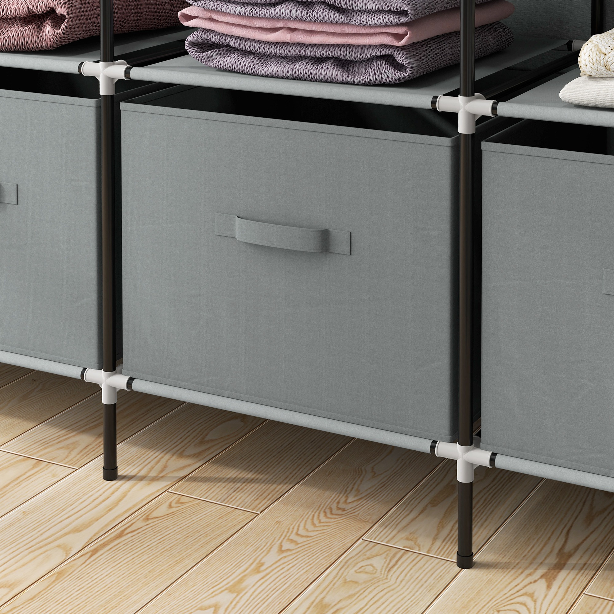 Kleiderschrank Stoffschrank, Türen, 2 Kleiderstangen, 10 Fächer, Grau