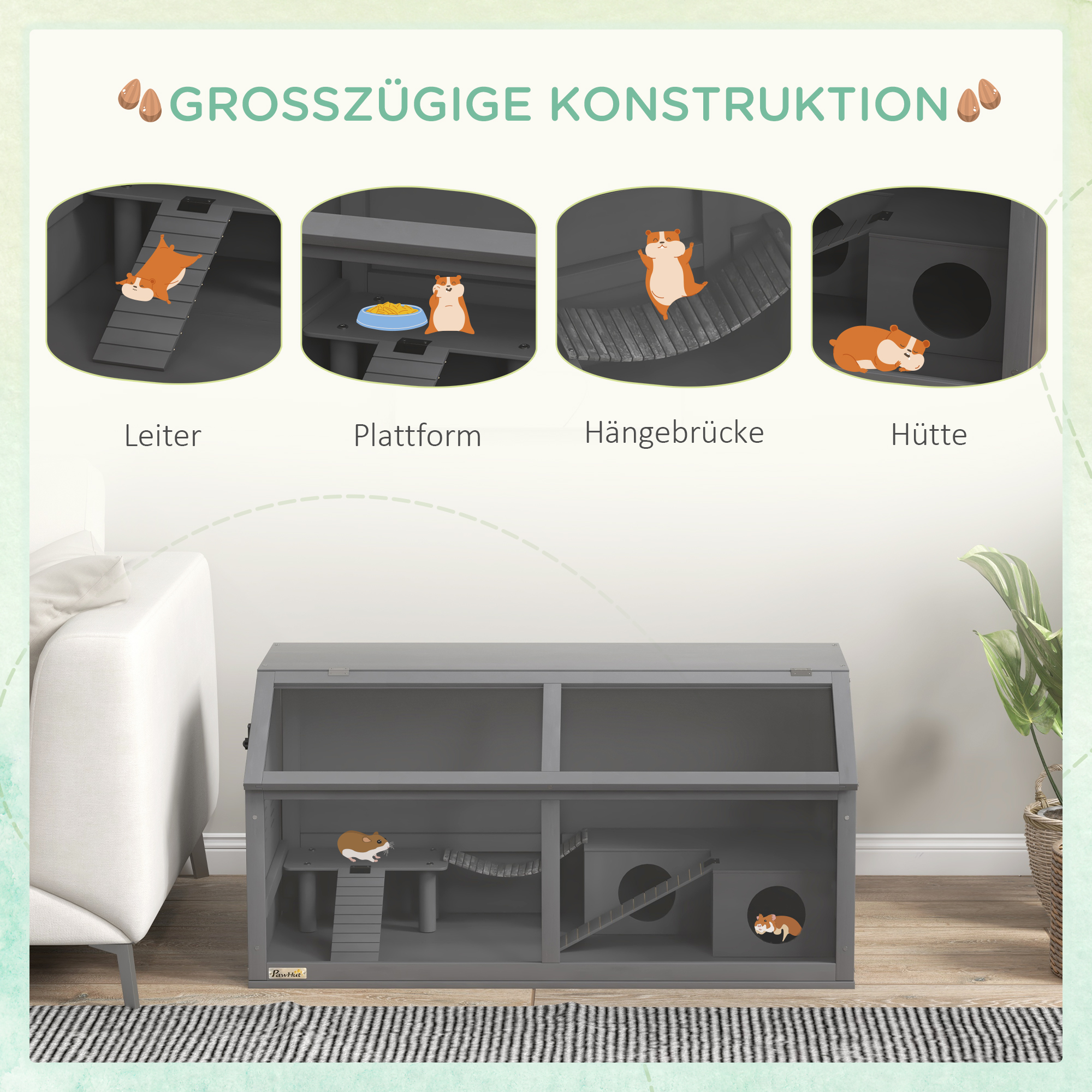 Kleintierkäfig Nagerkäfig, mit Zubehör, Tannenholz,100 cm x 52 cm x 50 cm, Grau