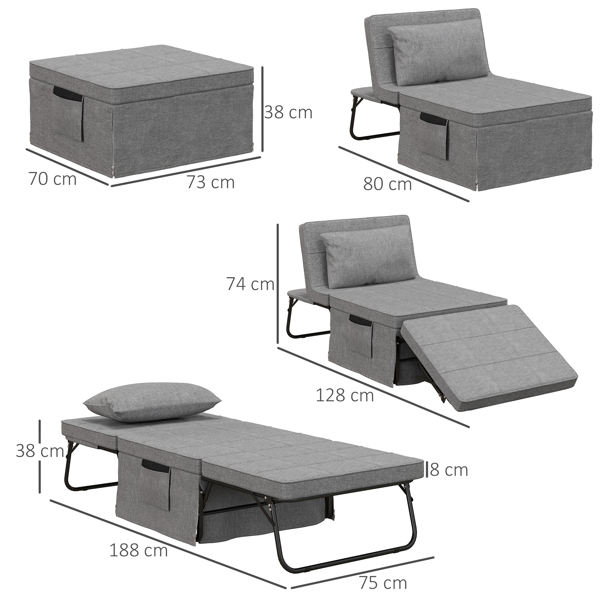 4-in-1 Klappbett, Gästebett, höhenverstellbar, Matratze, Seitentaschen, Metallrahmen, grau, 188 x 75 x 38 cm