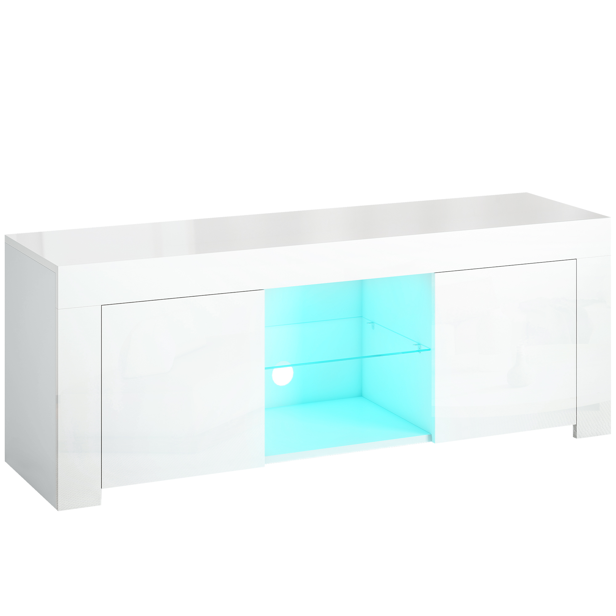 TV-Schrank mit LED-Beleuchtung, 2 Schranktüren, Glasregal, Kabellöcher, für Wohnzimmer, Spanplatte, Weiß TV-Schrank mit LED-Beleuchtung, 2 Schranktüren, Glasregal, Kabellöcher, für Wohnzimmer, Spanplatte, Weiß