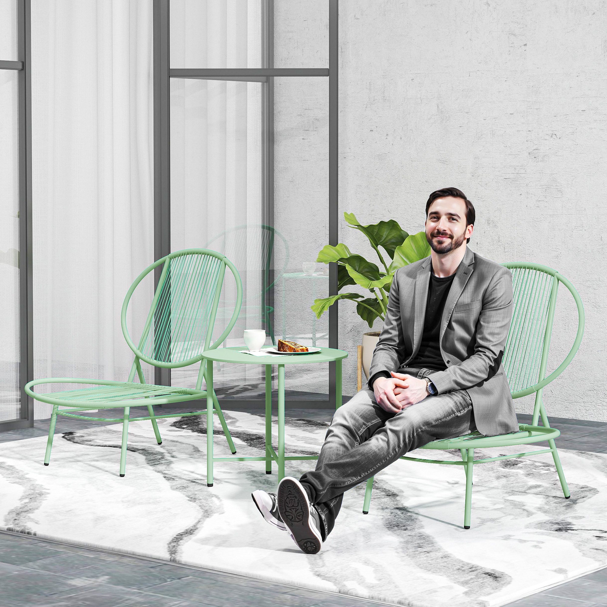 Bistro-Set 3-teilig aus Polyrattan Wetterfest Gartenmöbel Set mit Bistrotisch Muschelförmige Gartenstühlen Grün