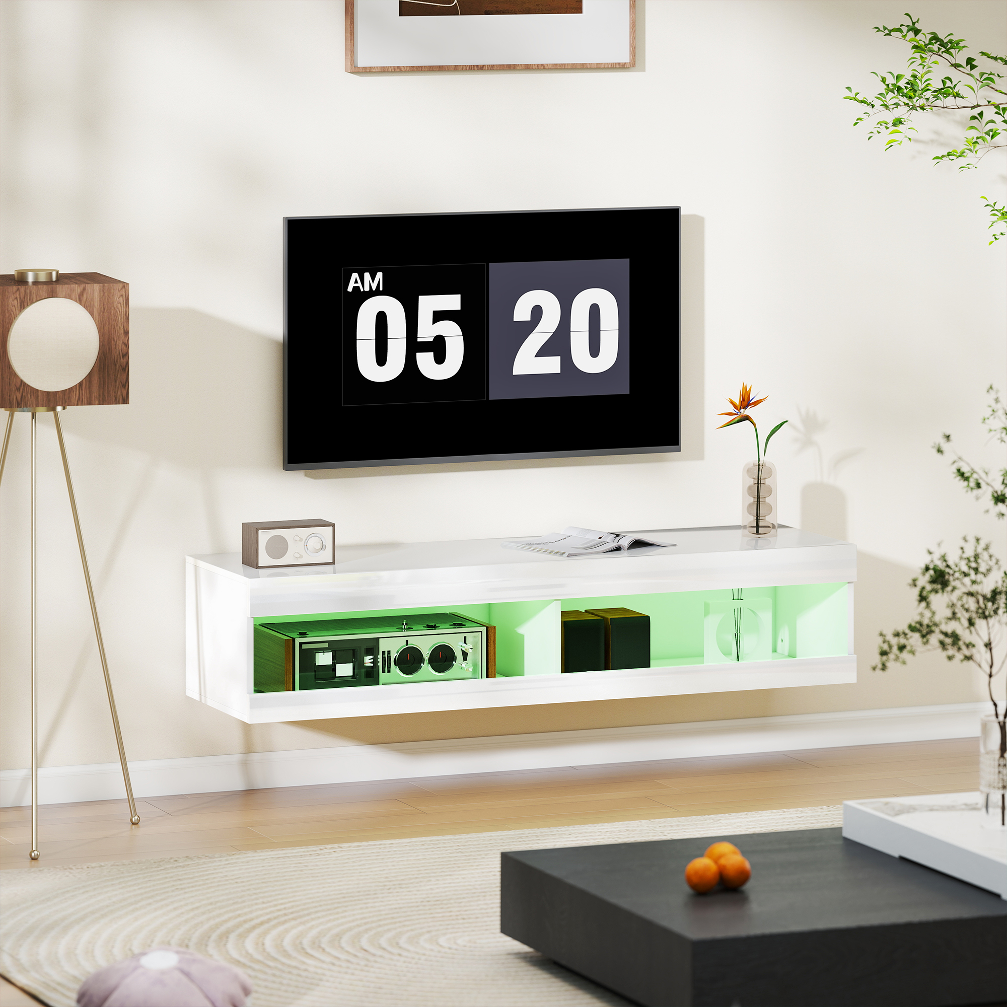 TV Schrank, Hängendes TV Lowboard mit RGB LED-Beleuchtung in 16 Farben, TV Ständer mit offenen Stauraum, für 55-60 Zoll Fernseher, für Wohnzimmer, Schlafzimmer, 140 x 40 x 30 cm, Hochglanzweiß