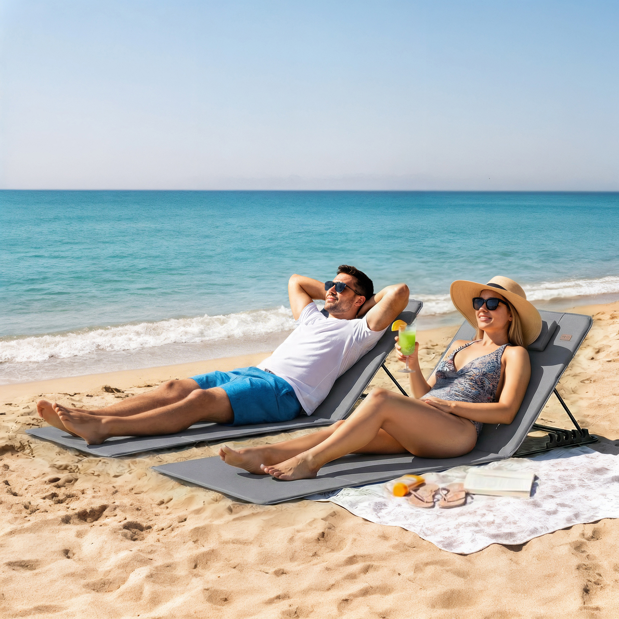 2er Set Strandmatte mit Verstellbarer Rückenlehne klappbar leicht Strandliege mit Kopfkissen Aufbewahrungstasche