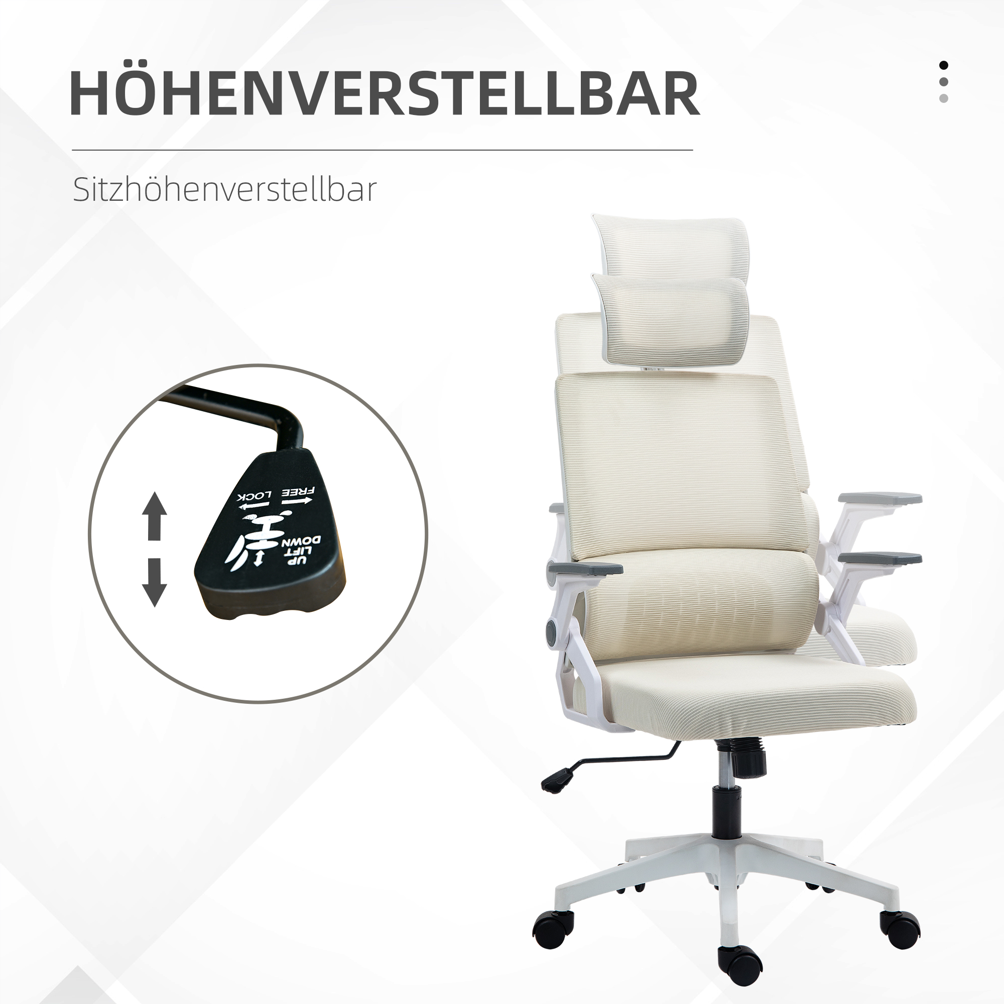 Bürostuhl Schreibtischstuhl Office-Stuhl, höhenverstellbar, 1 Kopfstütze, 60 x 61 x 121,5 cm Beige