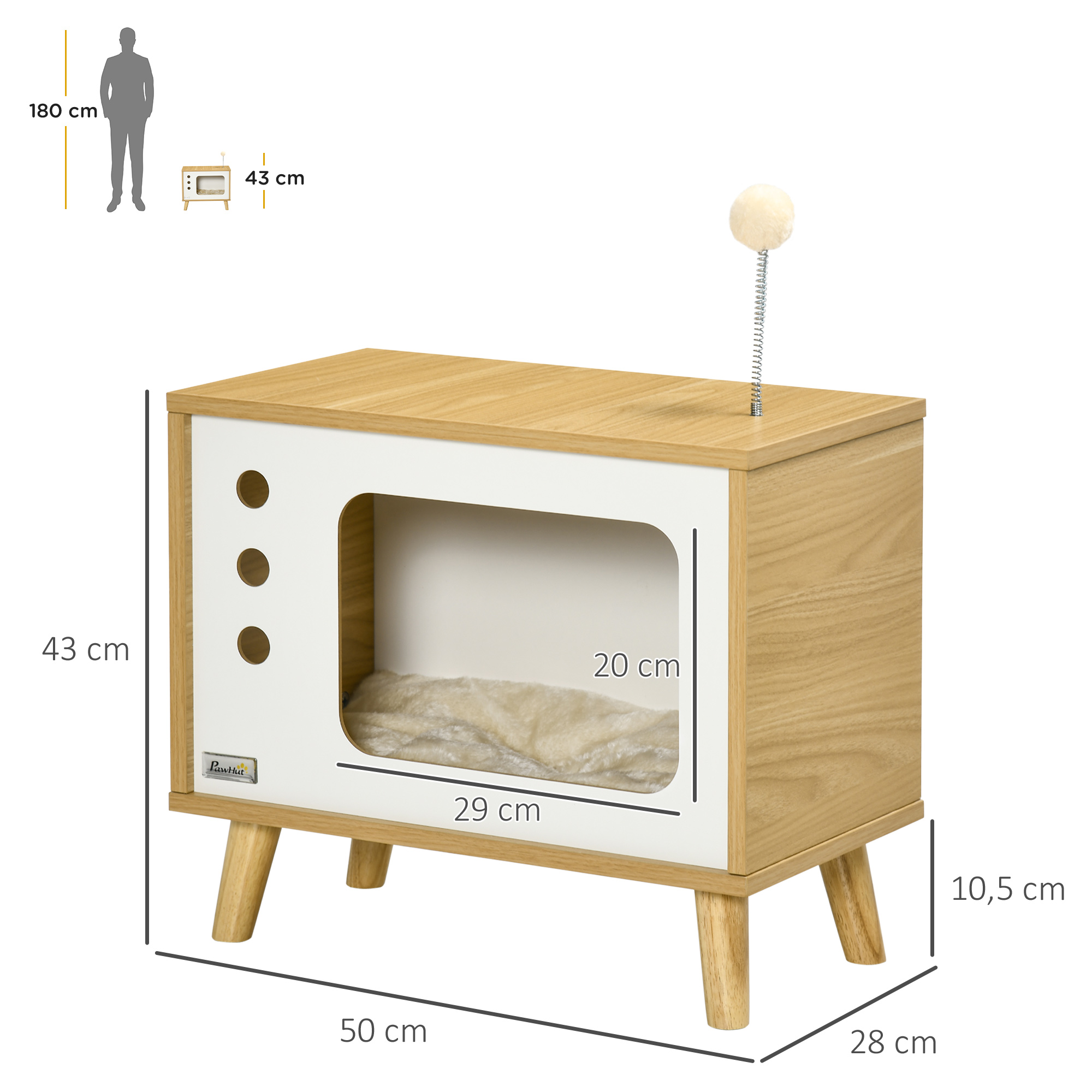 Katzenhöhle imTV-Design inkl. Spielzeug, waschbares Kissen, 50 cm x 28 cm x 43 cm, Eiche + Beige + Weiß
