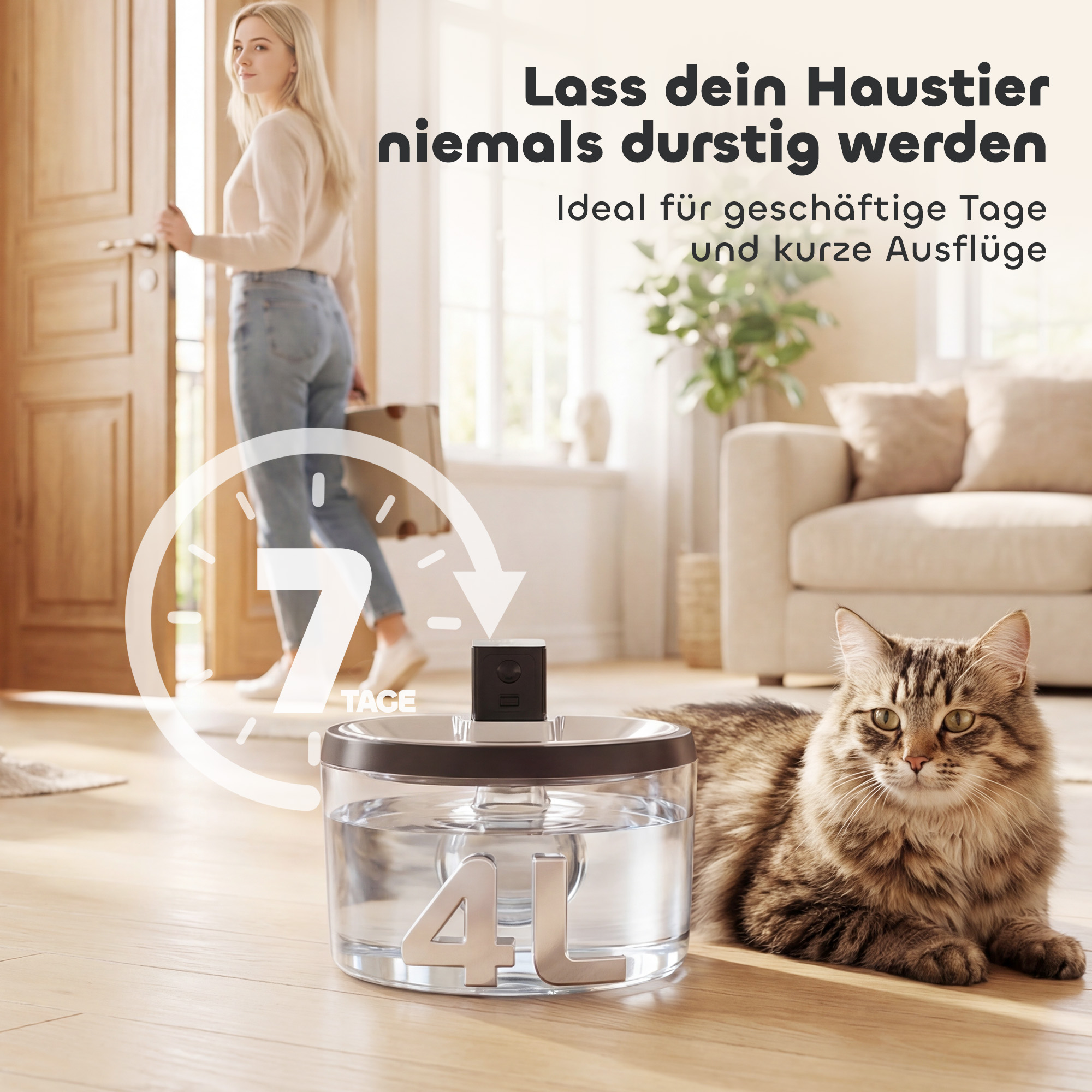 Katzenbrunnen 4l, kabellos, Edelstahl, Trinkbrunnen mit Bewegungsmelder 6 Filtern zweifaches Filtersystem LED Silber