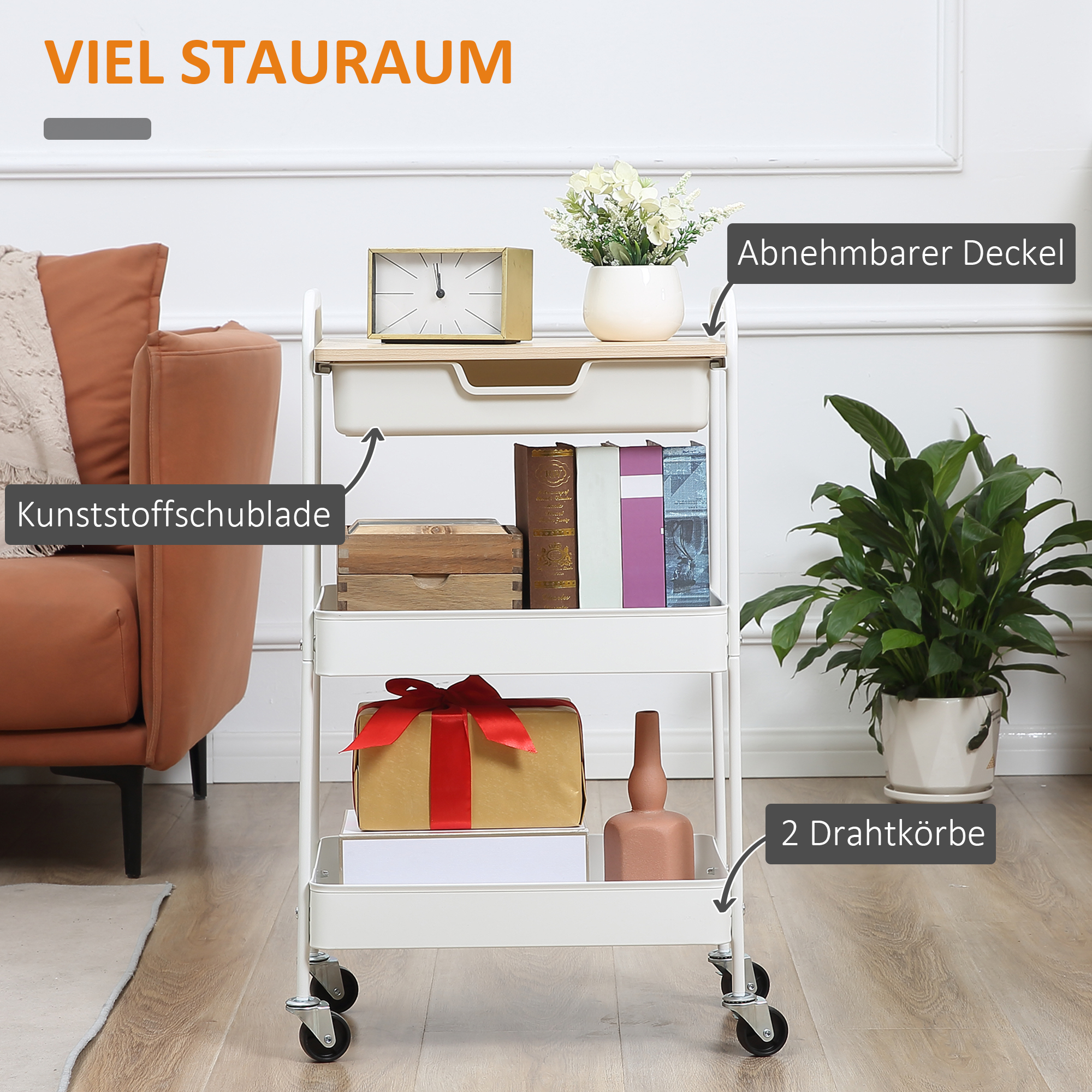 Rollbarer Küchenwagen, 2 Regale, Schublade, Ablage, 4 Rollen, Griffe, Stahl, Weiß