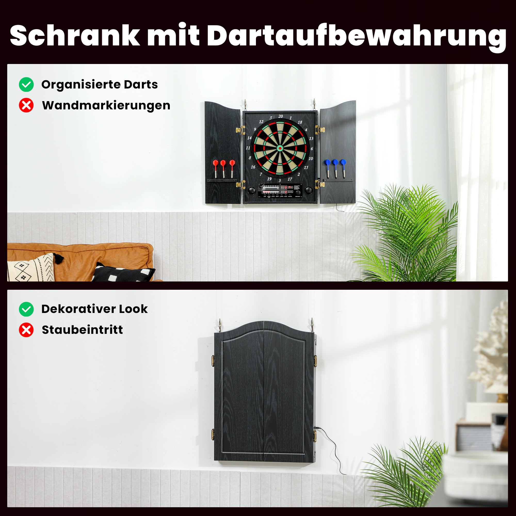 elektronische Dartscheibe, E-Dartboard mit Türen, Holzoptik, LED-Anzeige, Sprachansagen, 6 Dartpfeile, 24 Ersatzspitzen