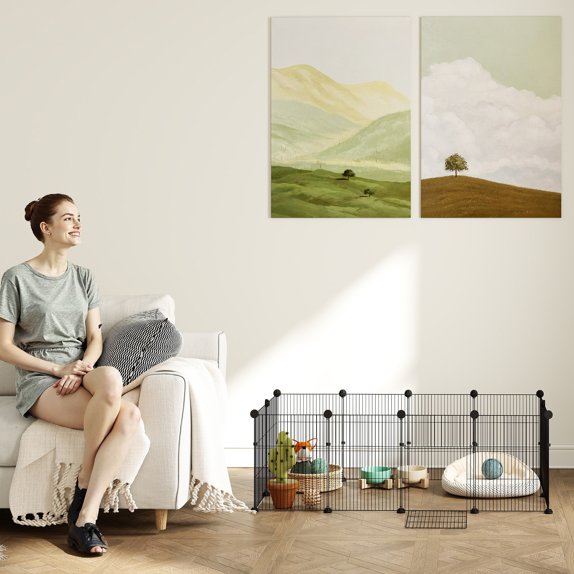 Kleintiergehege mit Bodenplatten Freilaufgehege Laufstall mit 12 Paneel, wasserdichte Matte, 120x60x40 cm, Schwarz