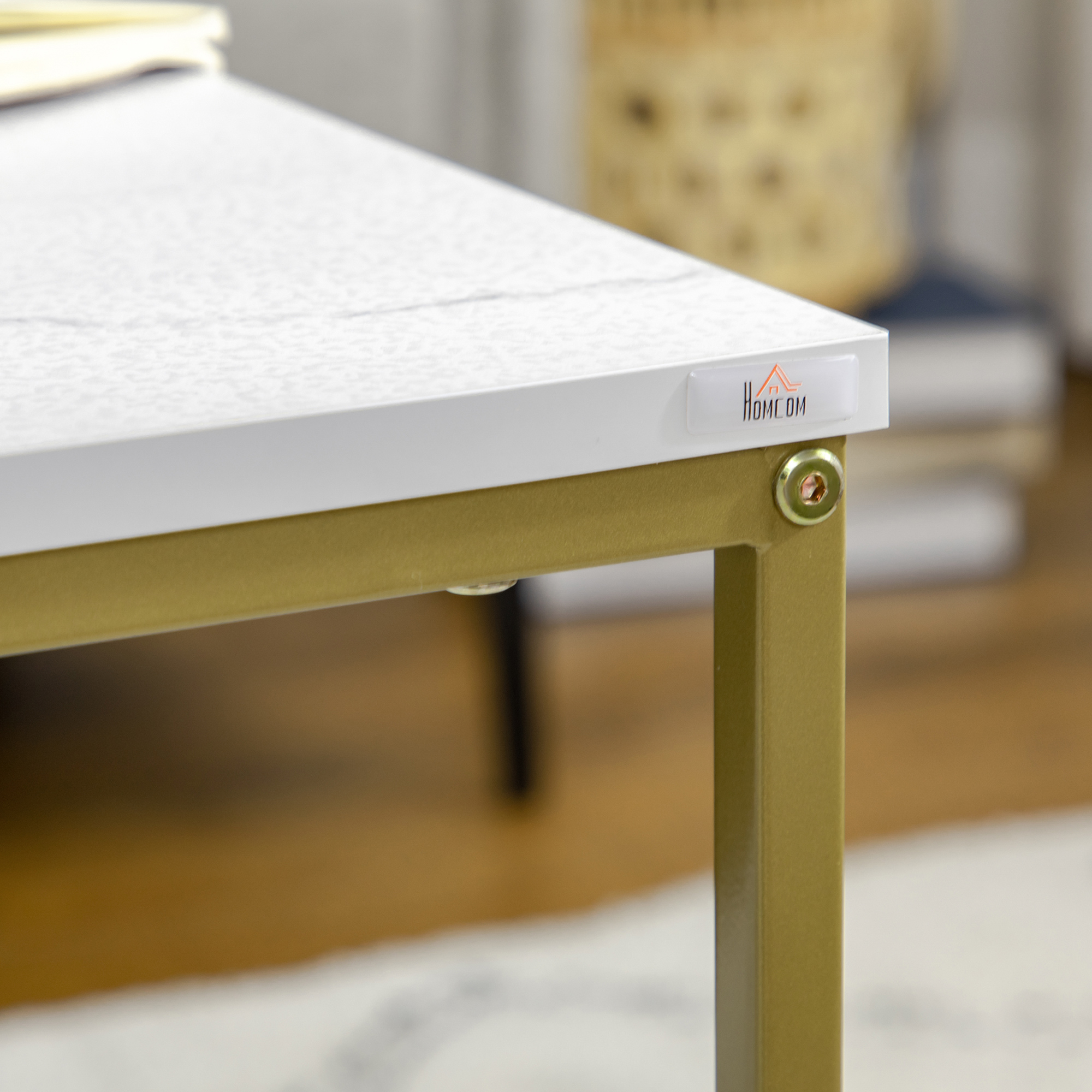 2er-Set Beistelltische, stapelbare Beistelltische, Tischplatte in Marmoroptik, Gold + Weiß