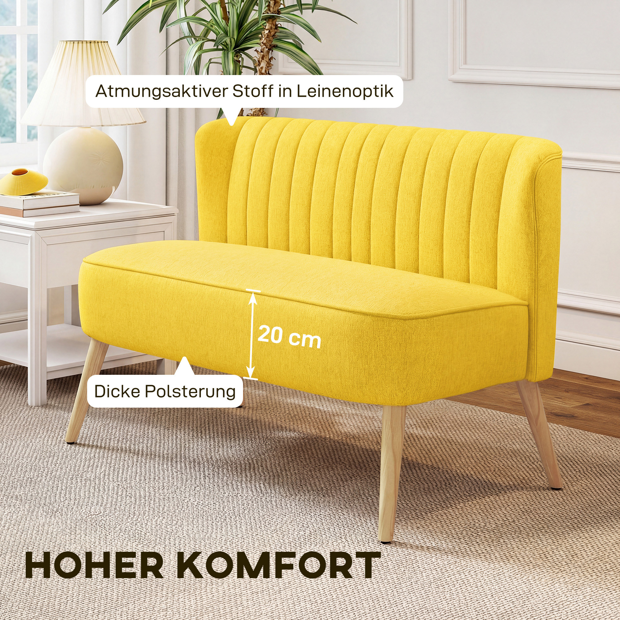 2-Sitzer Sofa, weiche Polsterung, pflegeleichter Bezug, bis 220 kg, 117 x 56,5 x 77 cm, Gelb