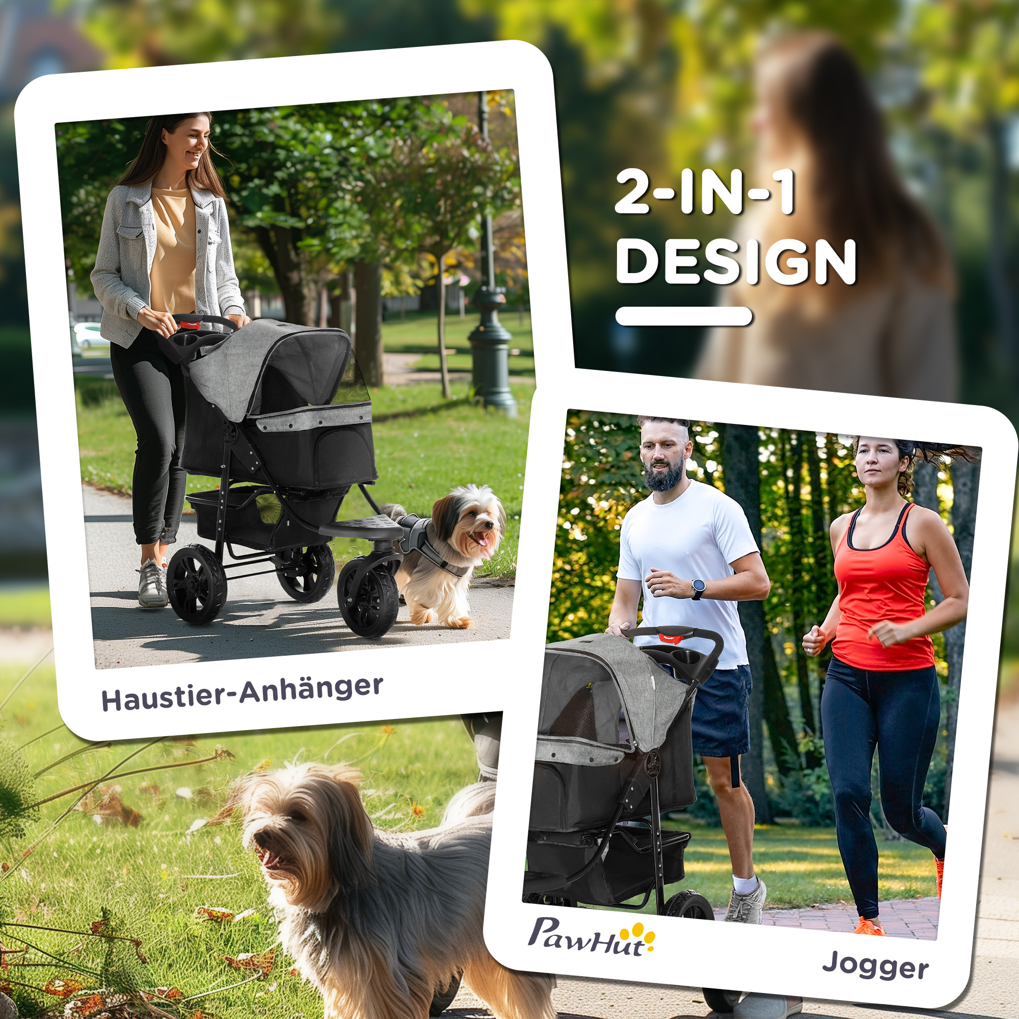 Hundewagen Hundebuggy Katzenbuggy Pet Stroller mit 3 Rädern klappbar Hunde Katze Oxford Grau+Schwarz 109,5 x 57,5 x 106,5 cm