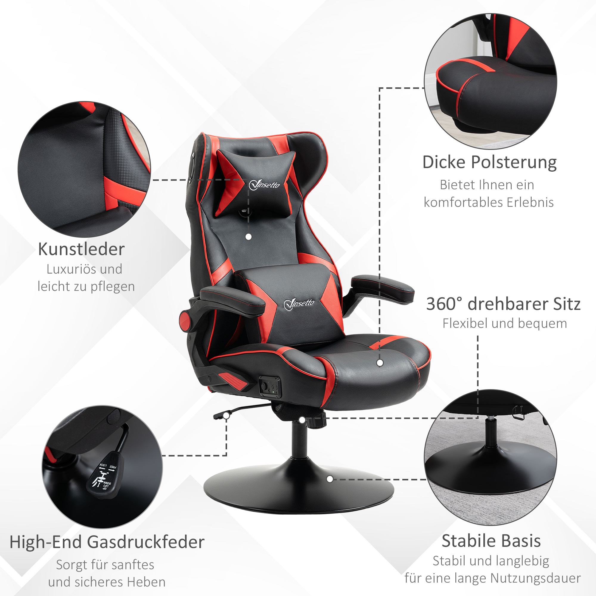Gamingsessel, Gamingstuhl, integrierte Lautsprecher, neigbare Rücklehne, schwarz+rot, 69 x 73 x 118cm