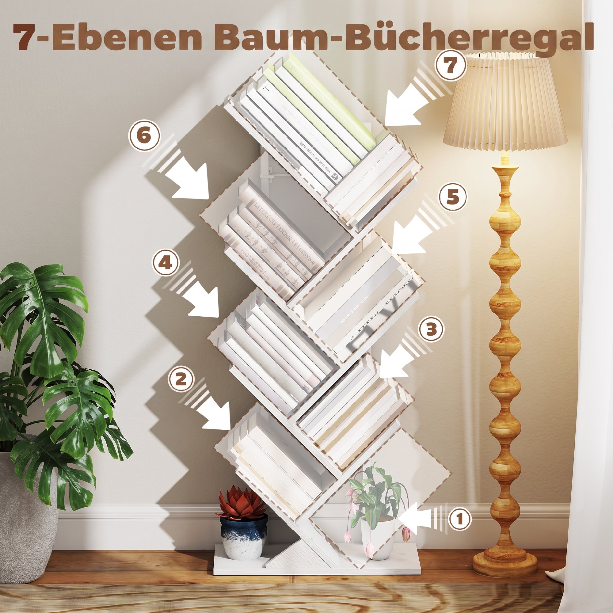Bücherregal Standregal mit 7 Ebenen Schmal Regal im Baumform für Büro, Rustikal Weiß