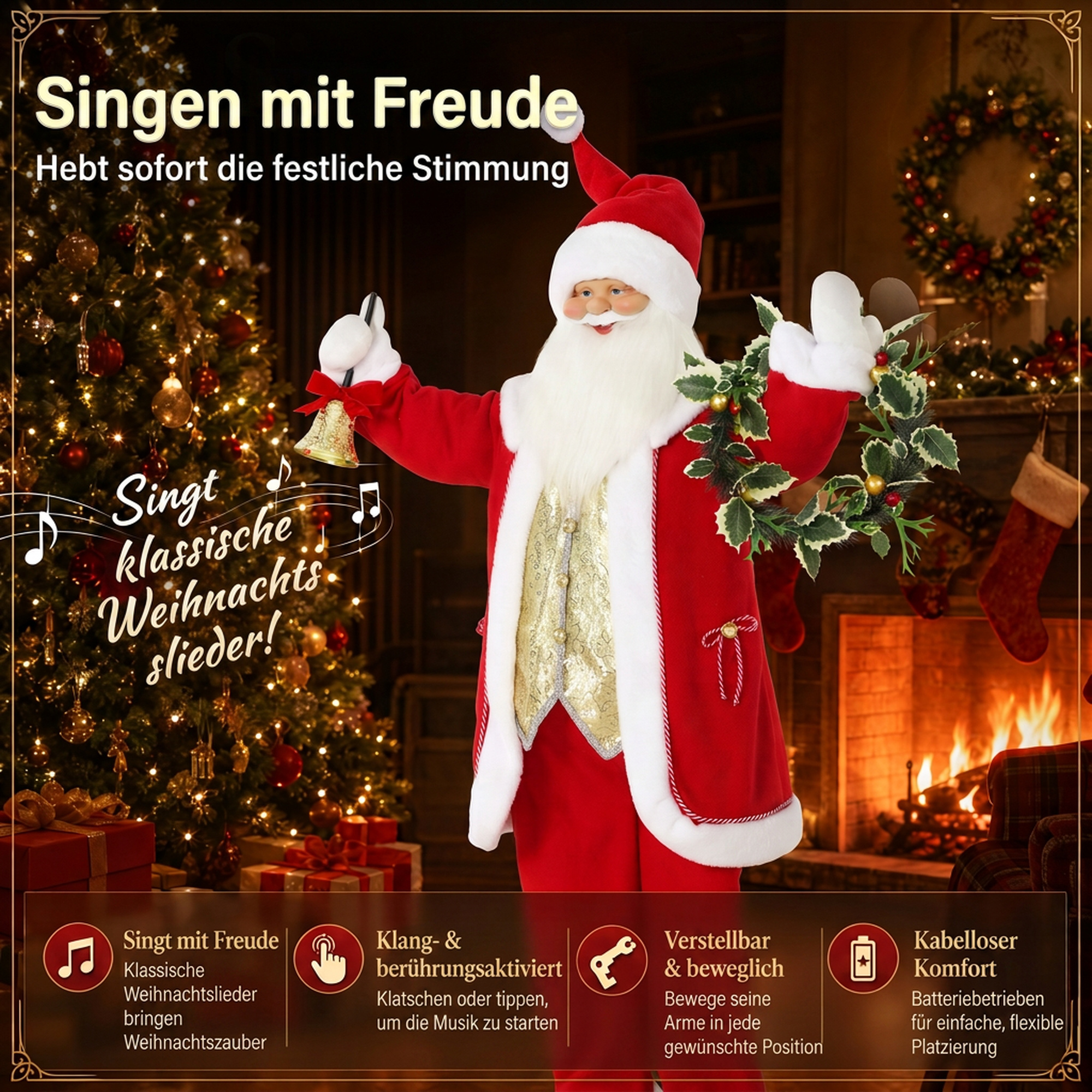 Singender Weihnachtsmann, 150 cm, stehende animierte Weihnachtsfigur mit Glocke und Kranz, per Sound/Berührung aktiviert