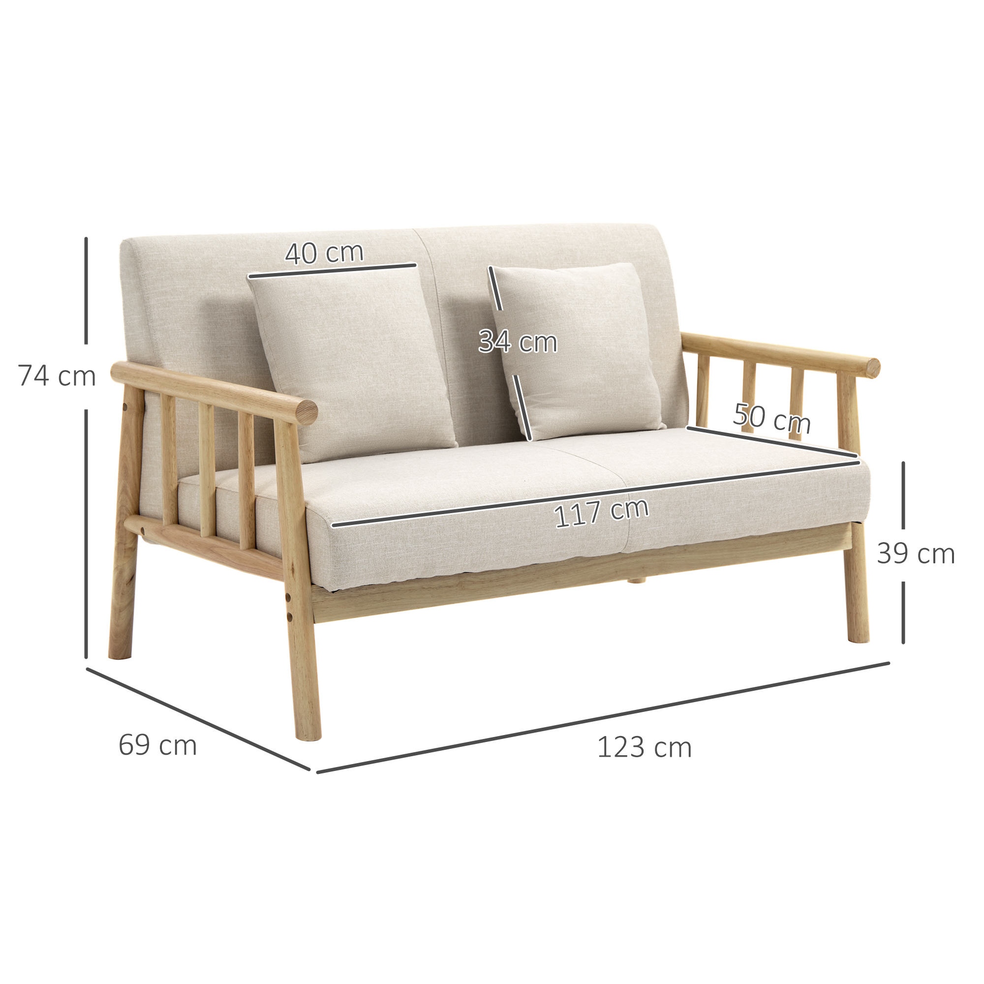 2-Sitzer Sofa, Stoffbezug in Leinenoptik, kompakt, bis 200 kg, Holzrahmen, 123L x 69B x 74H cm, Beige