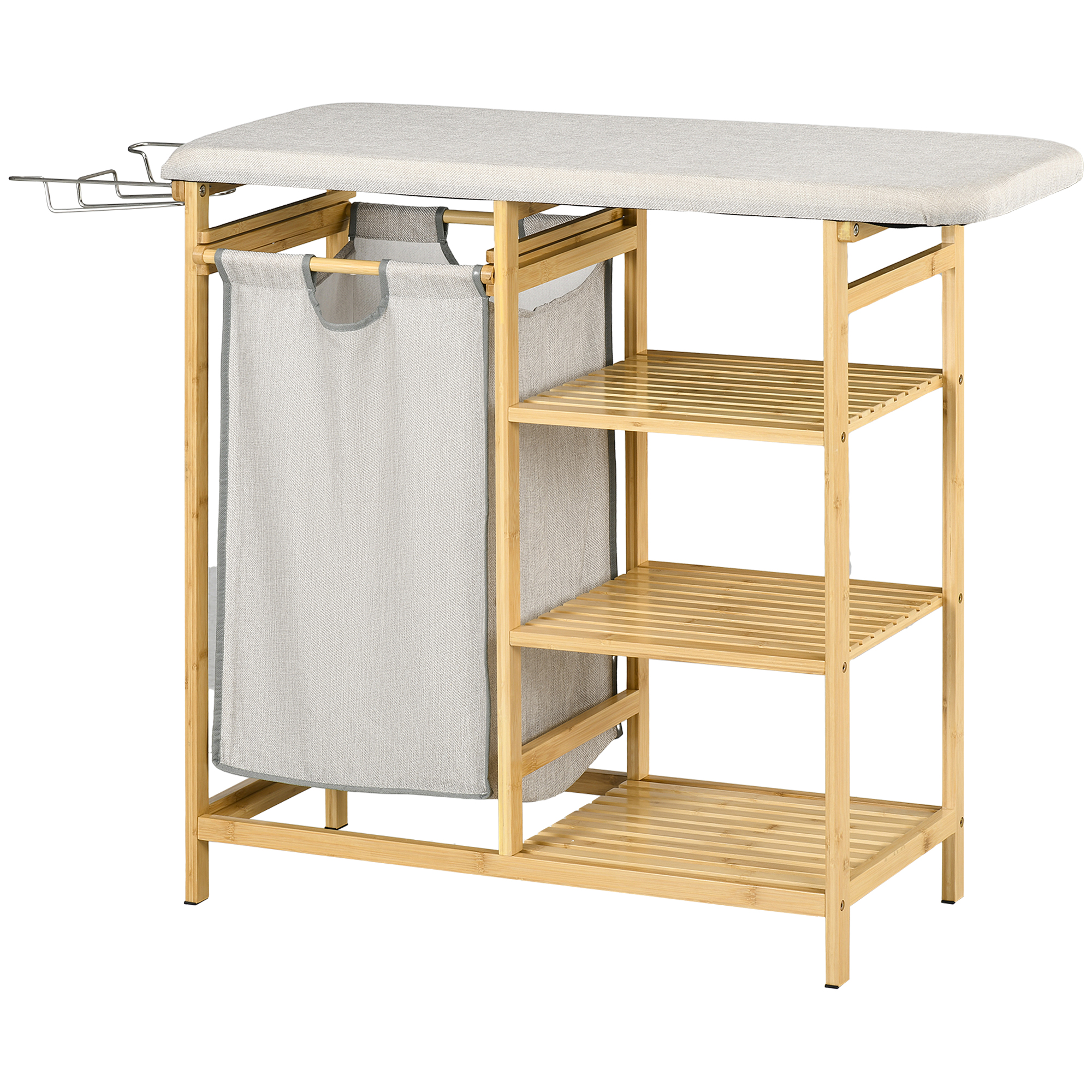 Wäschesammler, multifunktional, Bügelbrett & Stoffsack 57L, Bambusgestell, 113x34x82cm, Natur/Grau