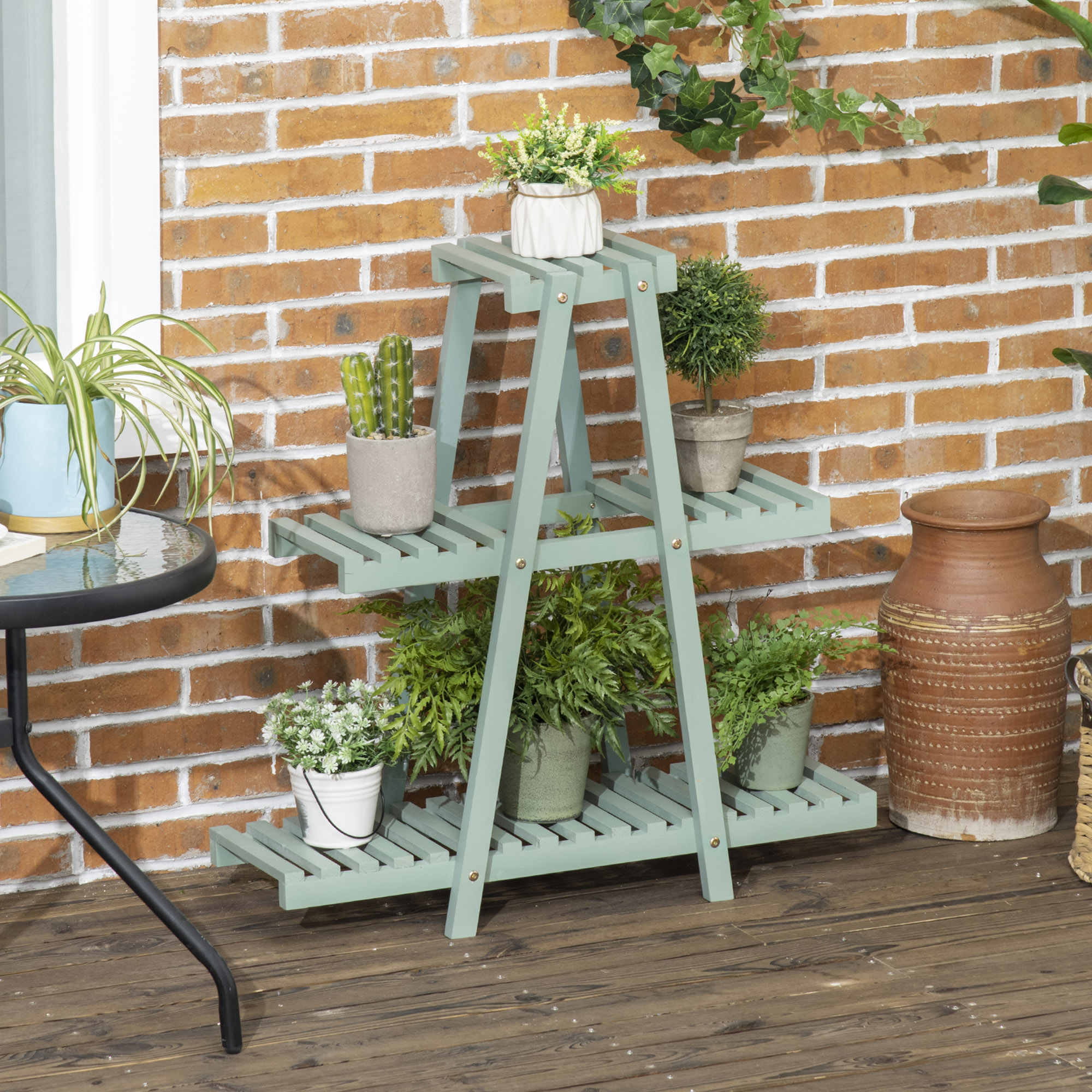 Pflanzenregal mit 3 Ebenen, für 6 Blumentöpfen, wetterbeständig, 76 cm x 26 cm x 76 cm, Hellgrün