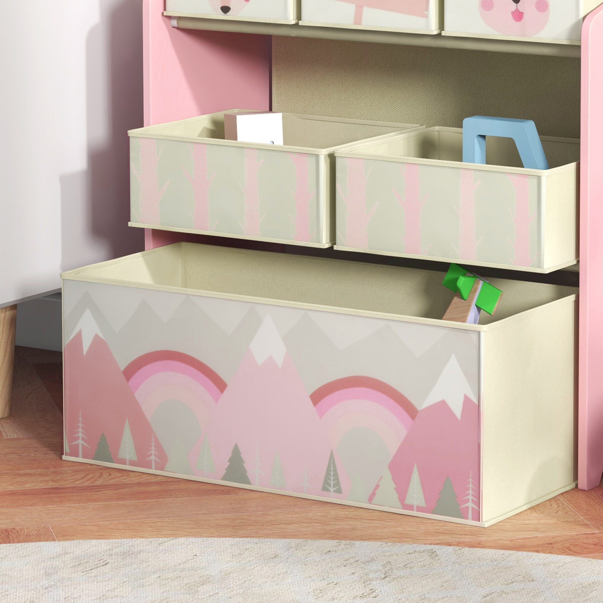 Kinderschrank mit 6 Stoffboxen, niedliches Motiv, 63x30x66 cm, Rosa