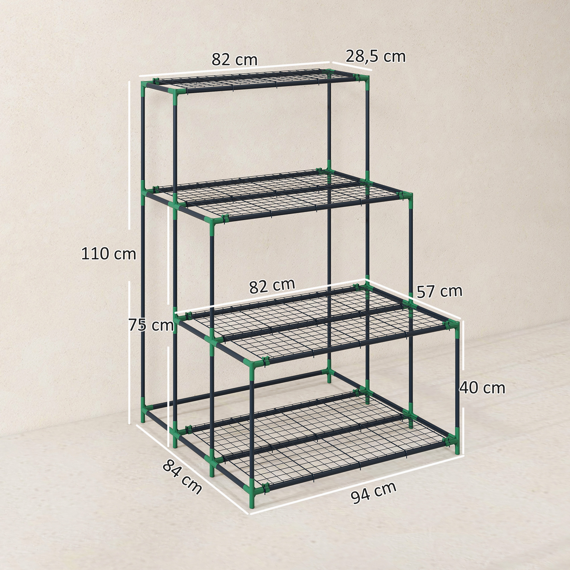 4-Etagen Pflanzenständer, 110 cm hoch Blumenständer mit 24 Clips, Pflanzenregal aus Stahl Dunkelgrün