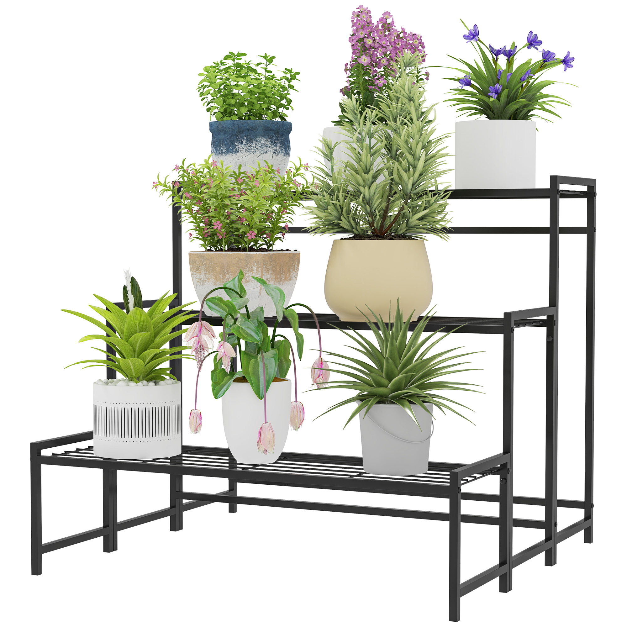 Blumentopfständer, 3-stufiger Pflanzenständer in Treppenform, Blumentopfgestell für drinnen und draußen, Metall, Schwarz