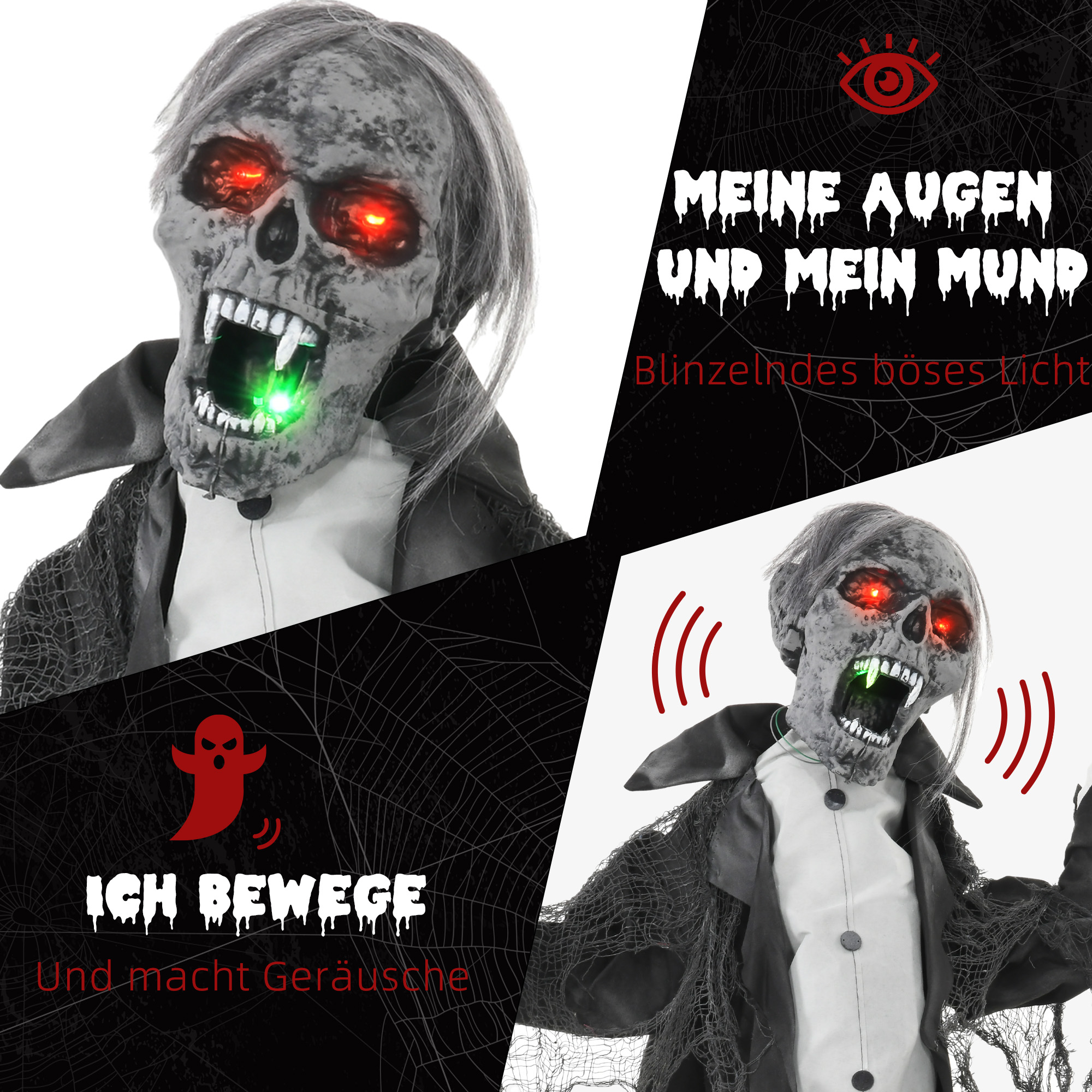 Halloweendeko, Skelett/Zombie, beweglich, Bewegungssensor, LEDs & Sounds, 75 cm