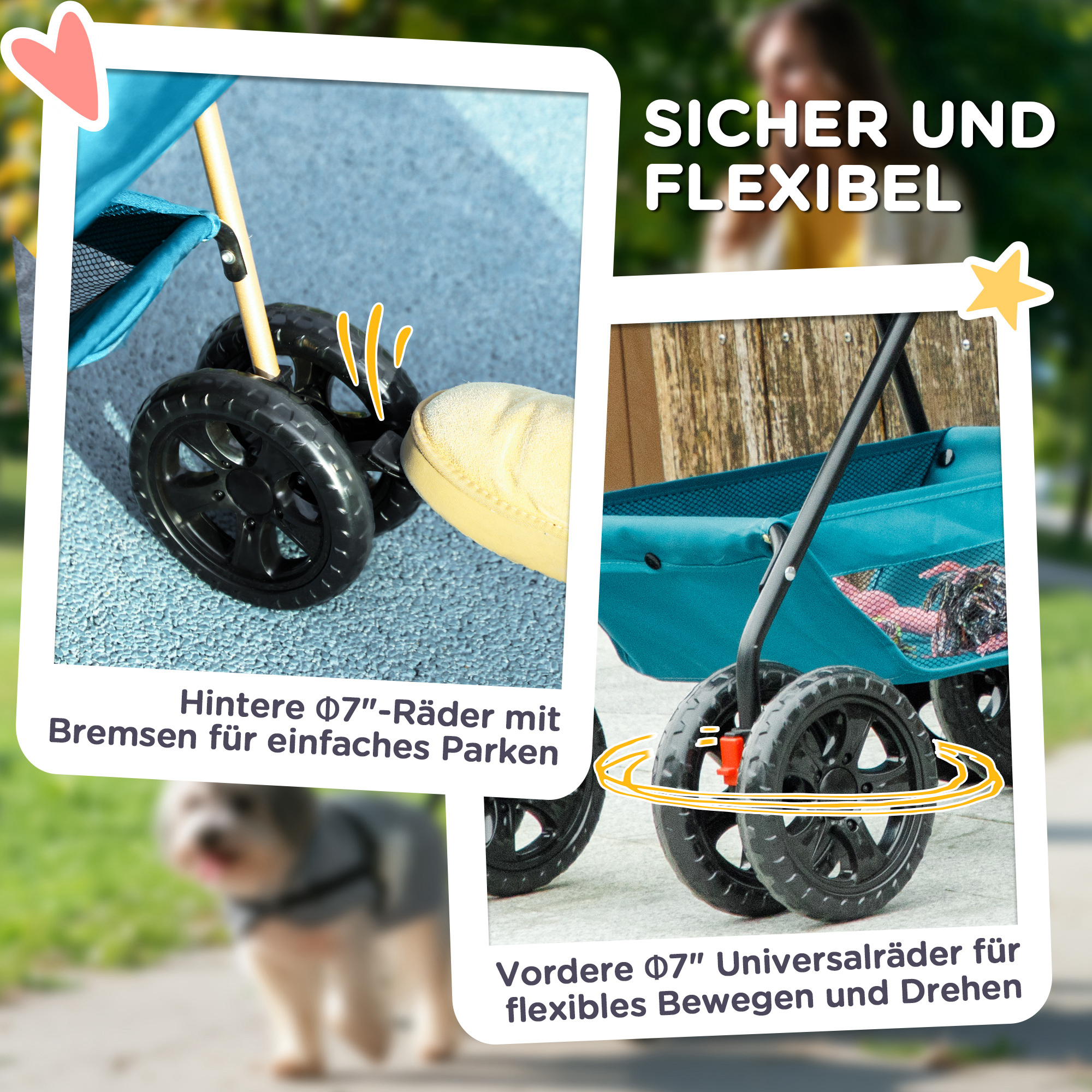 3-in-1-Haustierkinderwagen, zusammenklappbarer Hundewagen mit 4 Rädern und abnehmbarer Trage für Hunde und Katzen Türkis