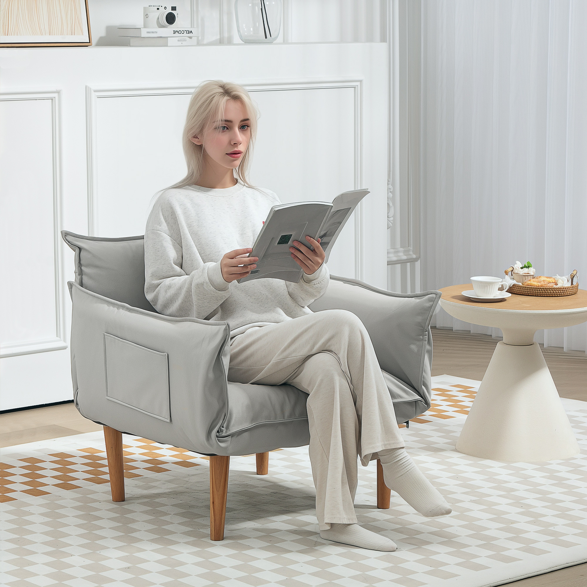 2-in-1 Verstellbarer Loungesessel, Bodensessel mit Kissen, Polstersessel, für Wohnzimmer, Schlafzimmer, Hellgrau