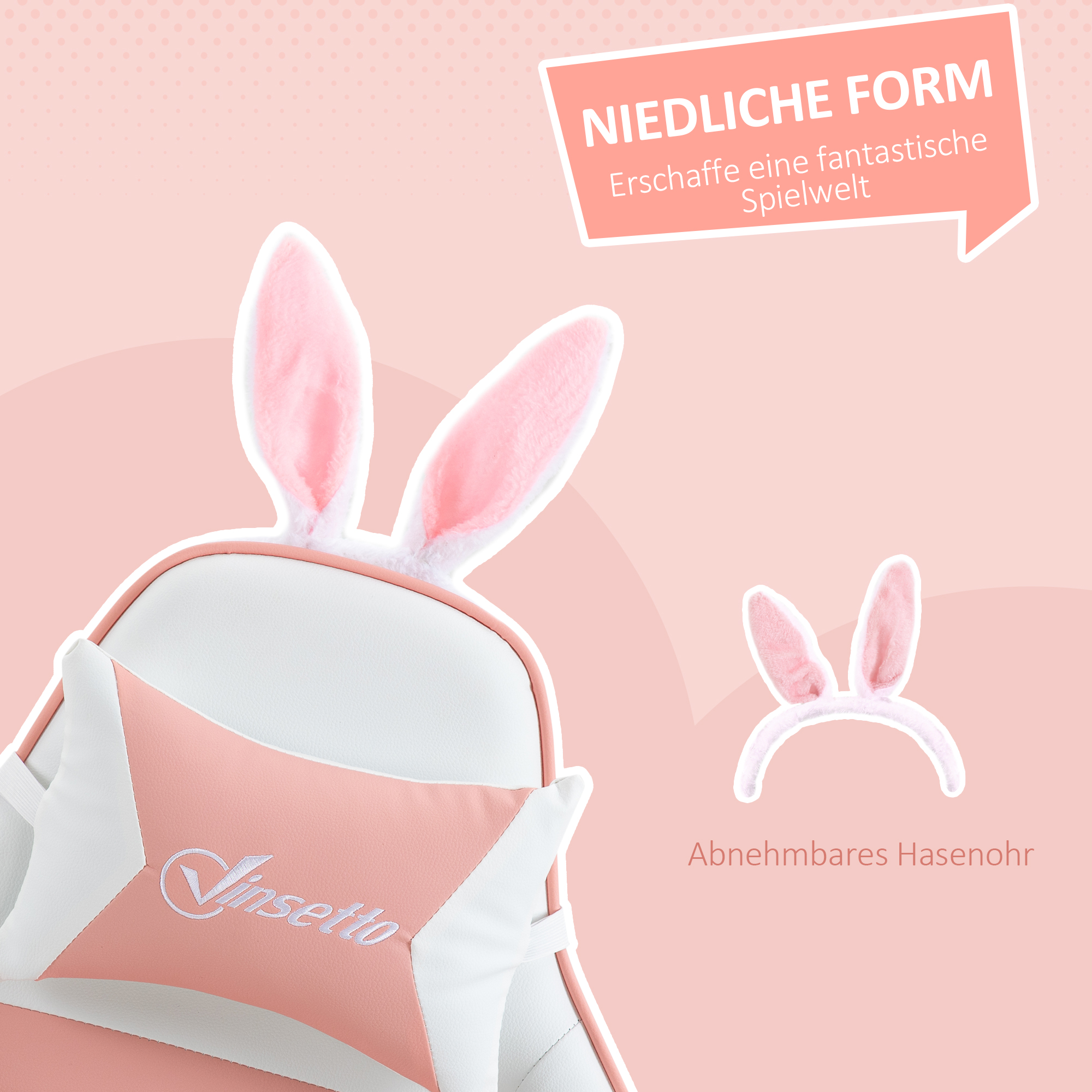 Gaming Stuhl Ergonomischer Gamer Stuhl mit Lendenwirbelstütze, Fußstütze Hasenohren Kopfkissen Rosa