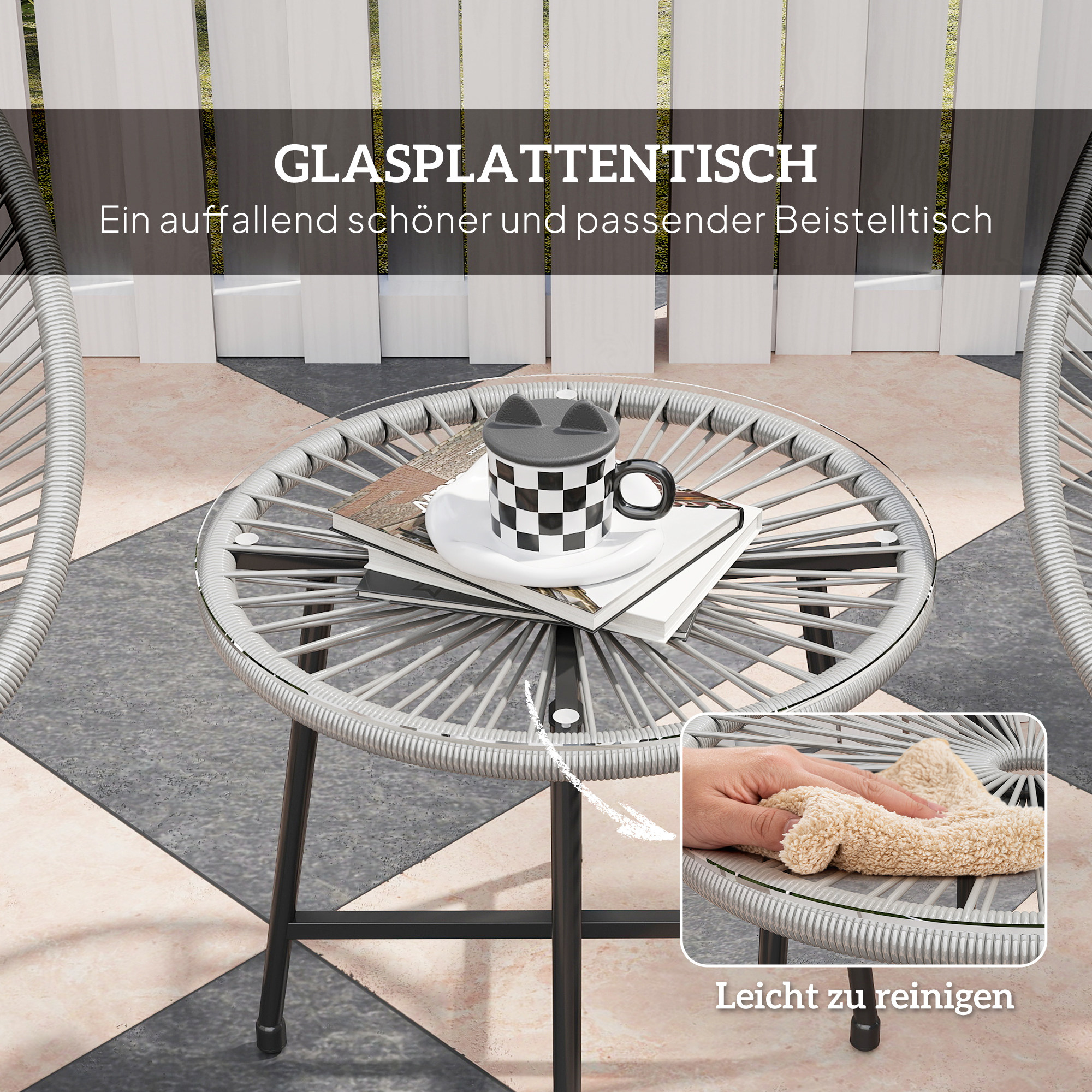 3-teiliges Gartenmöbel-Set, 2 Kunststoffrattan-Stühle, 1 Tisch mit Glasplatte, Stahlrahmen, Outdoor-Sitzmöbel, Grau