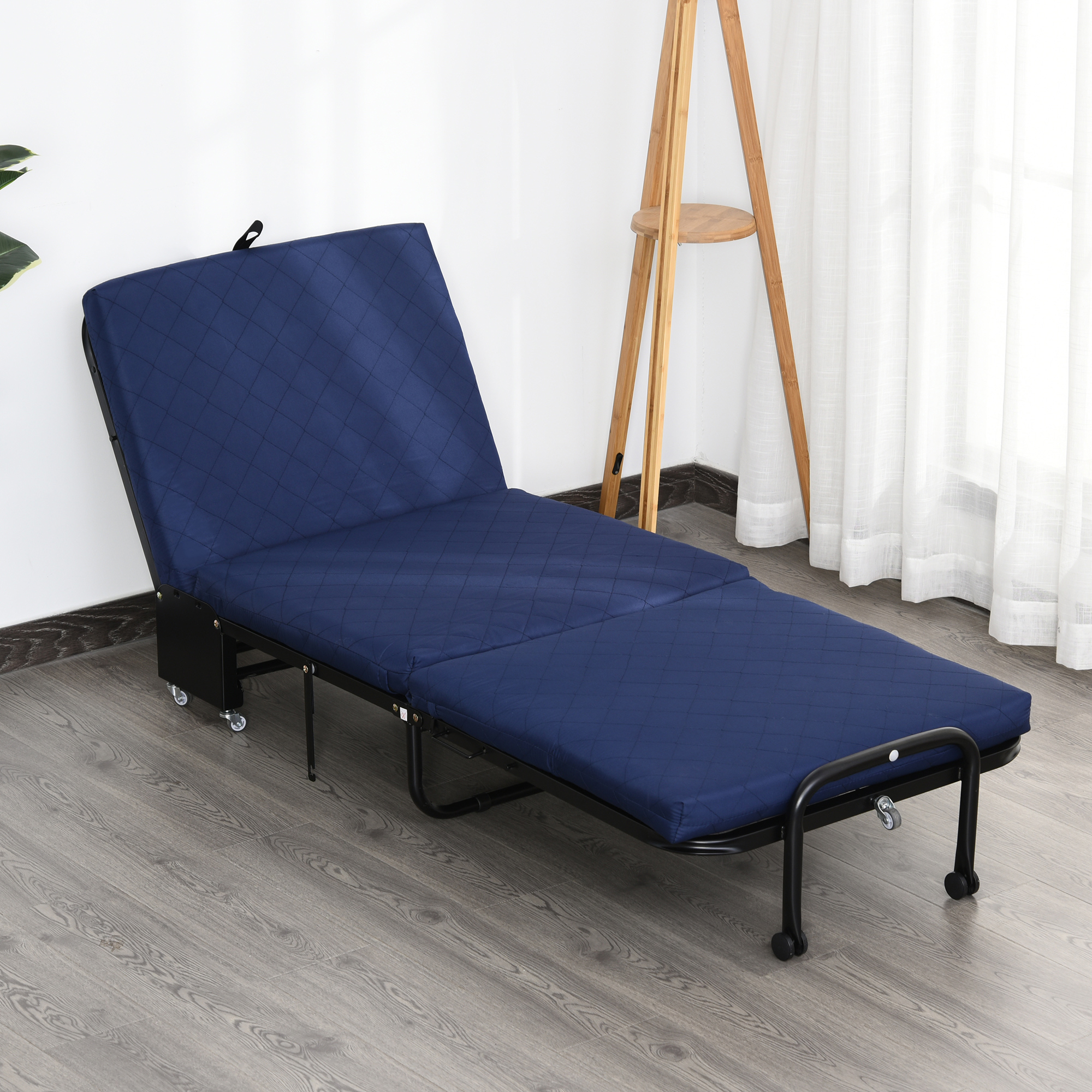Klappbett 65x184 cm, Erwachsene Gästebett Klappbar mit 6 cm Dicker Schaumstoff, Reisebett mit Metallrahmen, Feldbett mit Rollen und höhenverstellbarem Kopfteil, bis 120 kg belastbar, Blau