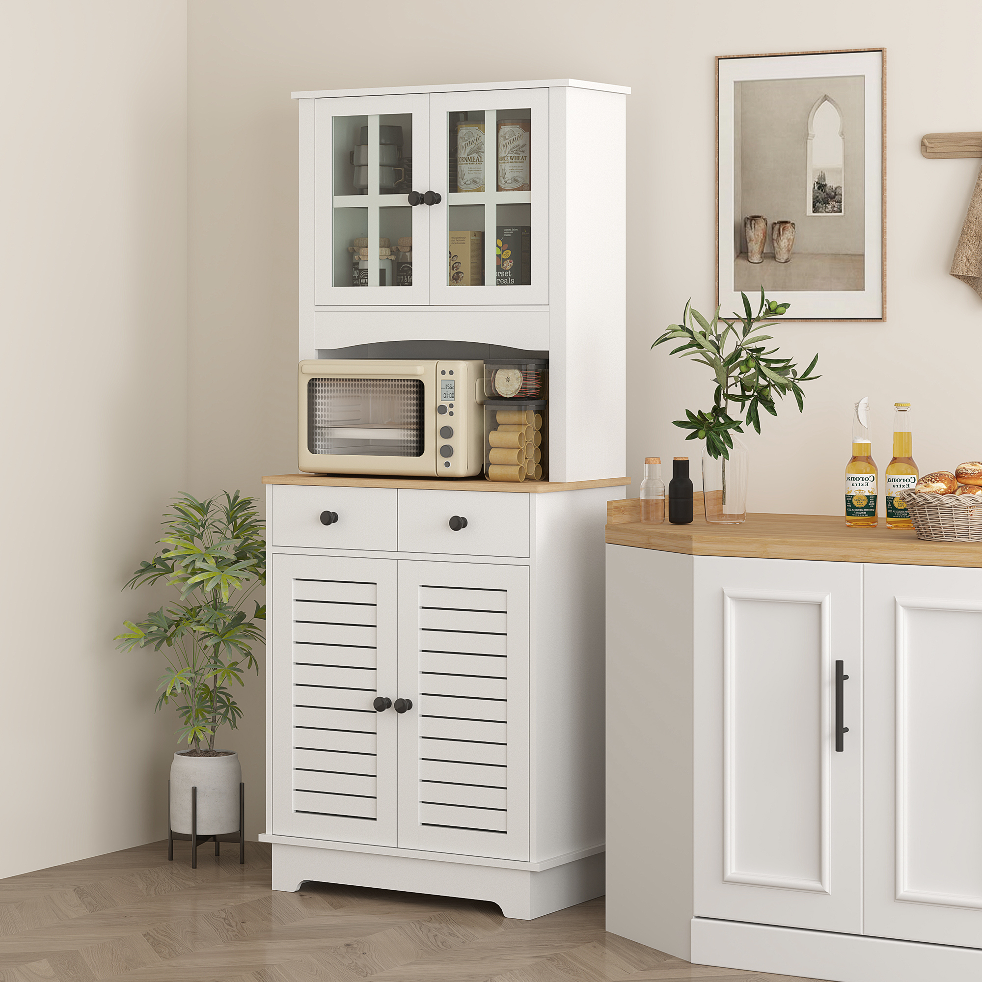 Küchenschrank mit Glastüren, 2 Schubladen, Geschirrschrank, Esszimmerschrank, Holz, 68 x 39,5 x 170 cm, Weiß